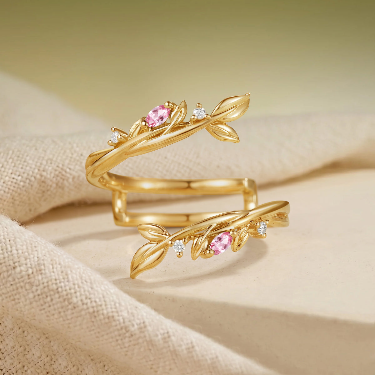 Soft Marquise Padparadscha Sapphire Leaf Stackable Wedding Ring Set
