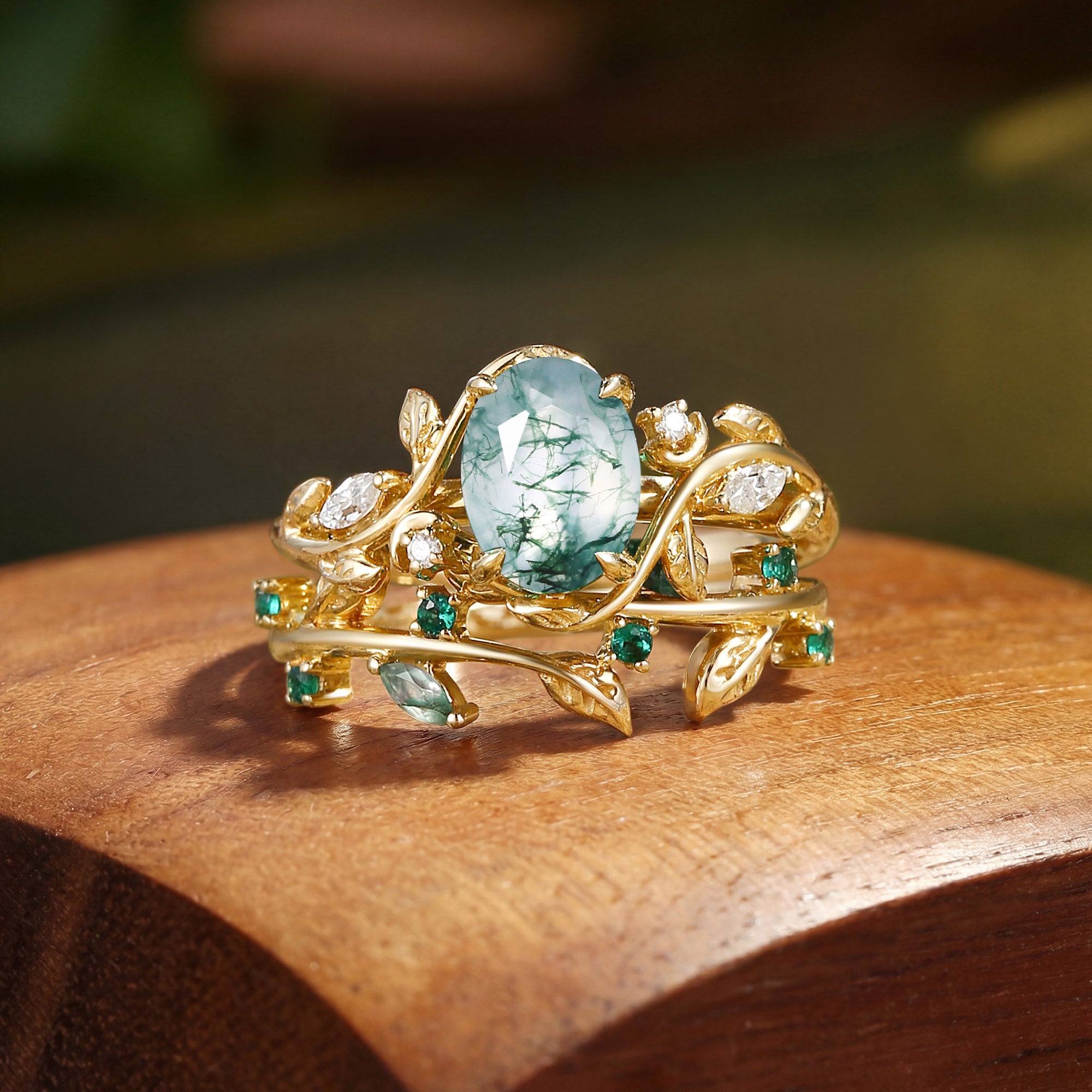 Désirée - Oval Cut Moss Agate Branch Leafy Engagement Ring Set 2pcs