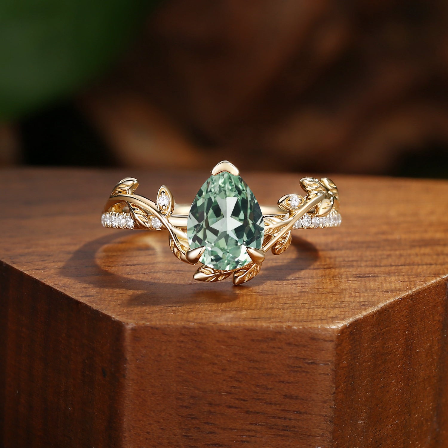 Nature Pear Cut Green Sapphire Vine Inspired Leafy Engagement Ring - Jora