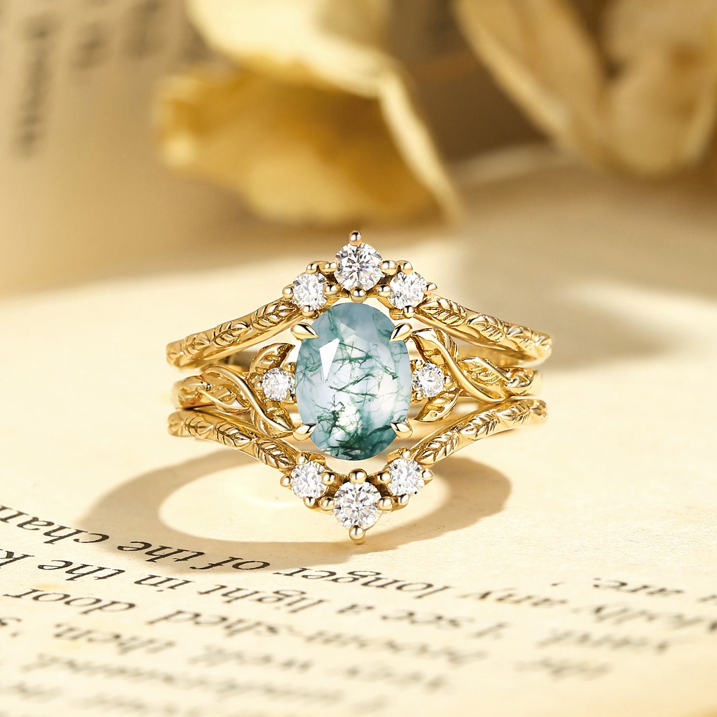 Josephine - Moss Agate Oval Cut Leafy Filigree Bridal Set 2pcs
