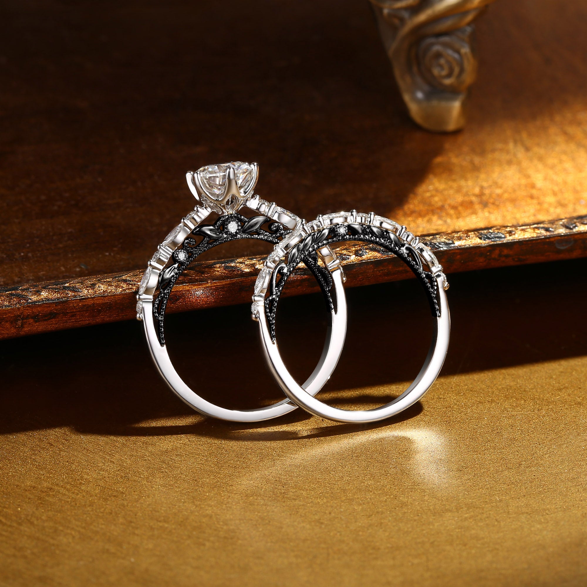 Celeste - Victorian Two Tone Gold Vintage Moissanite Engagement Ring Set 2pcs