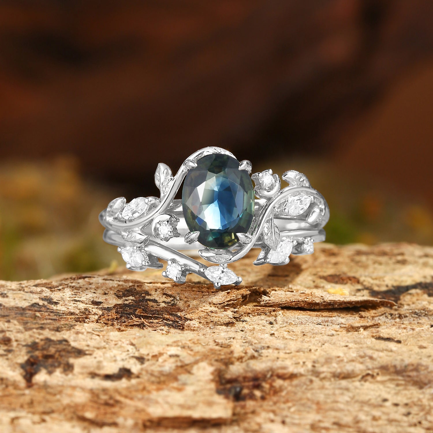 Diana - Oval Cut Leaf-Inspired Green Sapphire Engagement Ring Set 2pcs