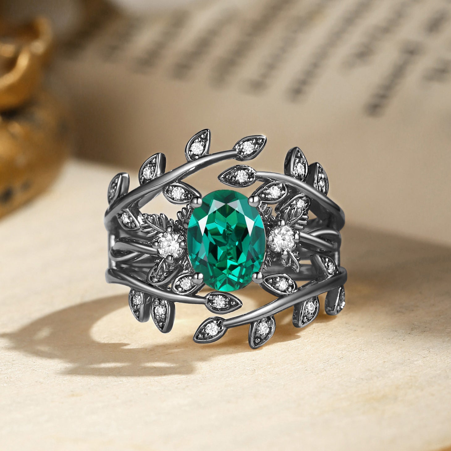 Léonie - Oval Cut Moss Agate Leafy Enhancer Ring Set 2pcs