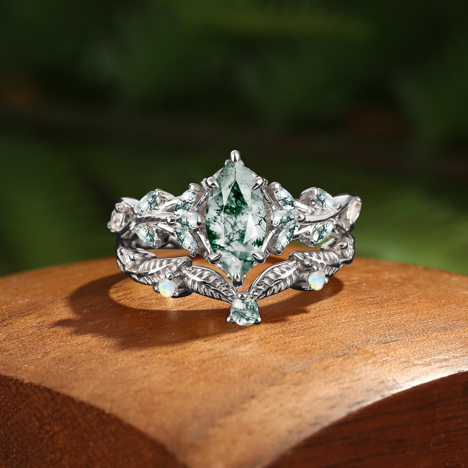 Nature Inspired Marquise Moss Agate Lush Leafy Engagement Ring - Willow