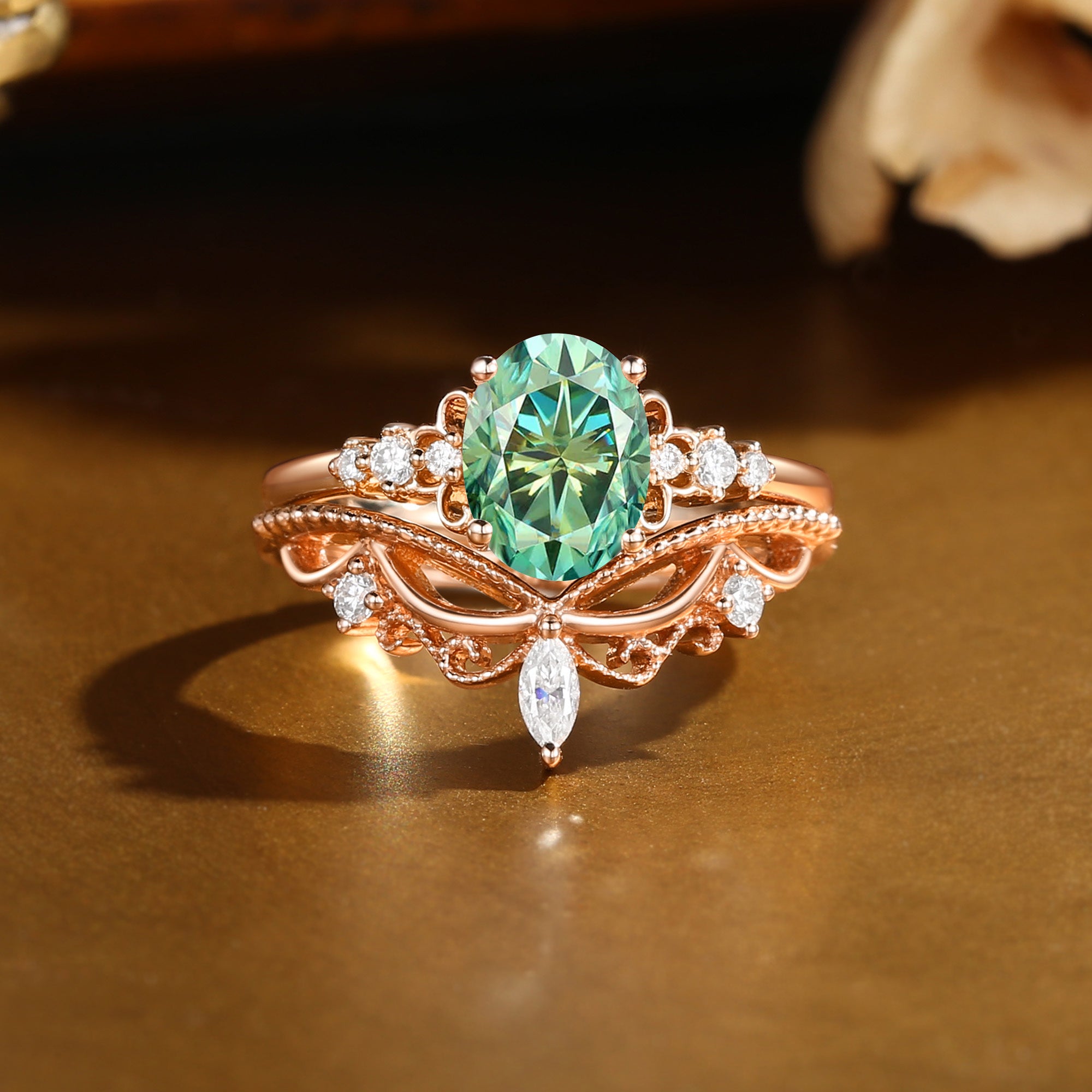 Oval Cut Green Moissanite Vintage Princesscore Bridal Set 2pcs - Swan Princess