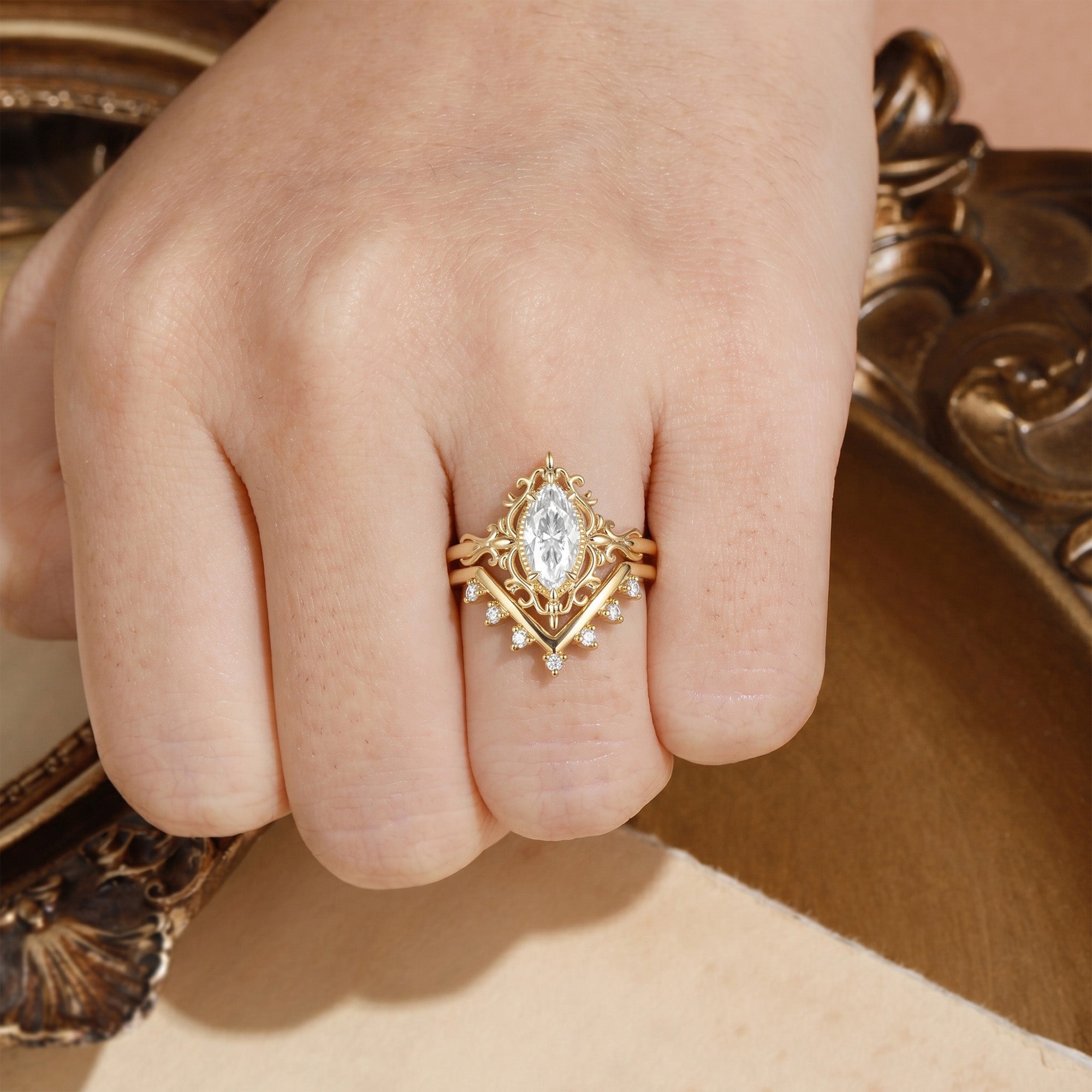 Victorian Filigree Marquise Moissanite Bridal Set 2PCS - Alina