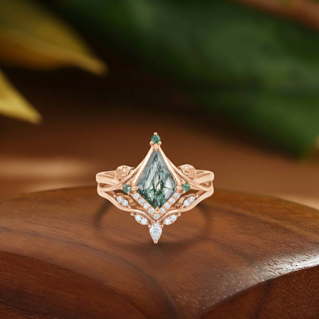Kismet - Unique Bazel Moss Agate Kite Cut Vintage nature inspired Ring Set 2pcs
