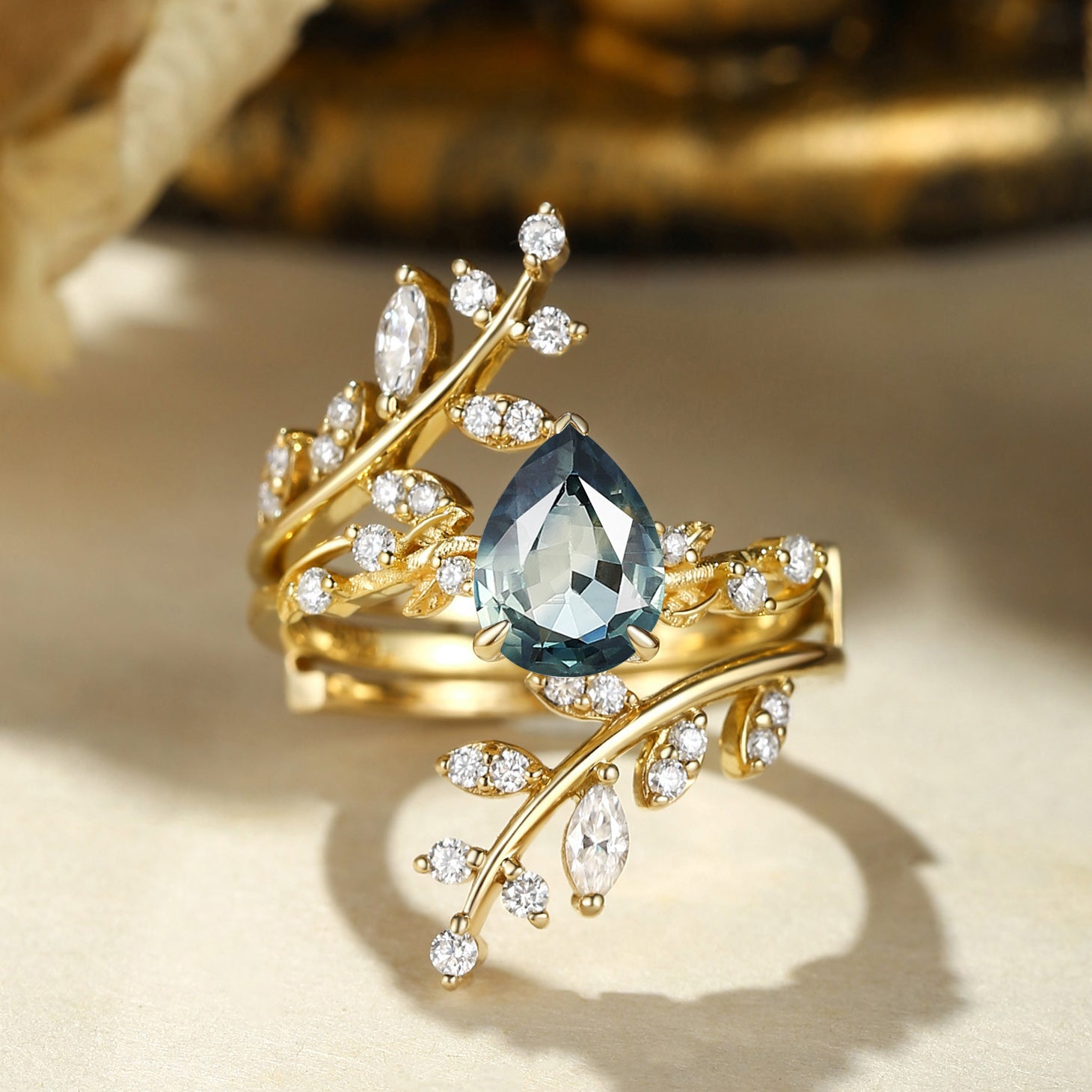 Elaine - Pear Cut Blue Green Sapphire Enhancer Bridal Set 2pcs