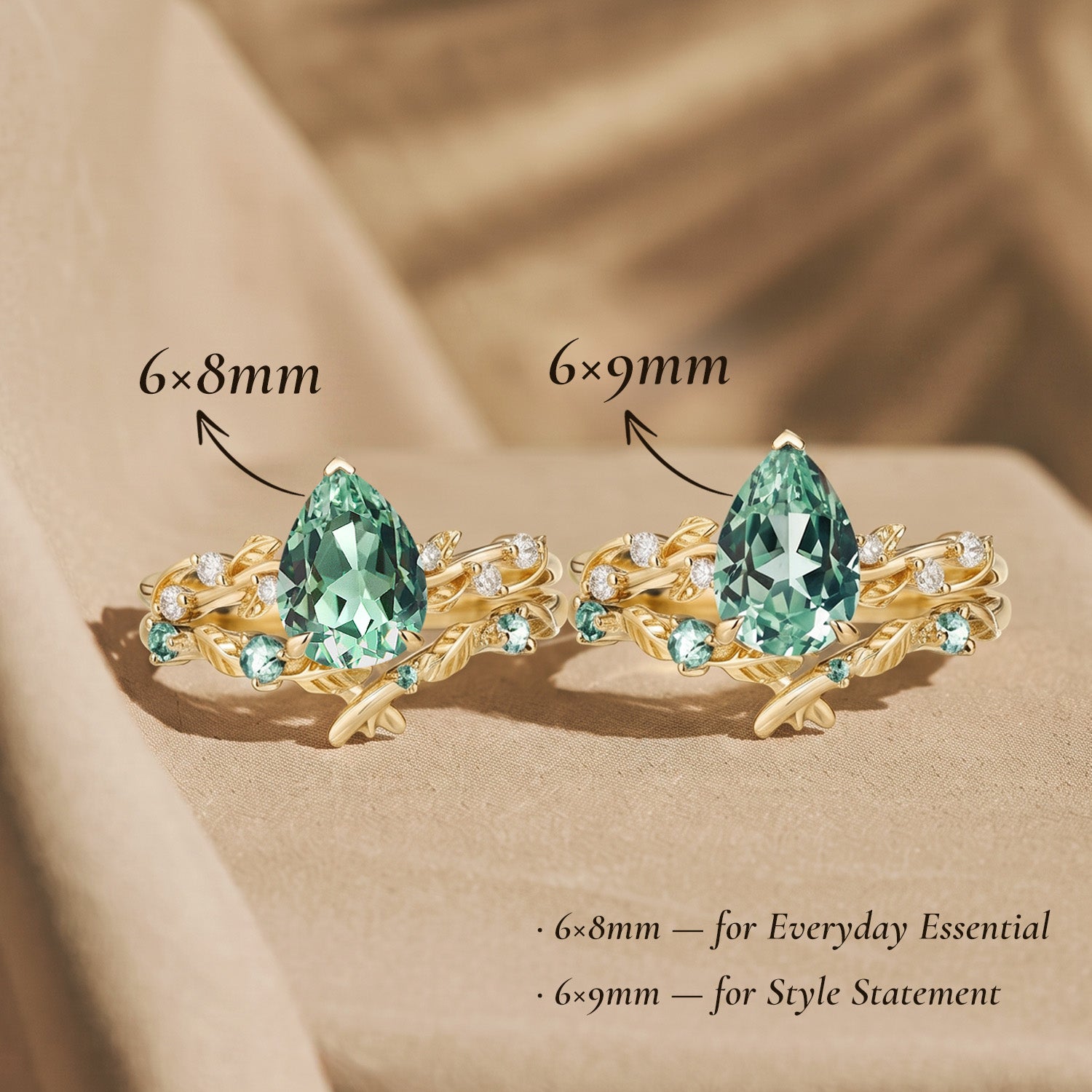 Clarissa - Pear Cut Lab Green Sapphire Leafy Bridal Set 2pcs