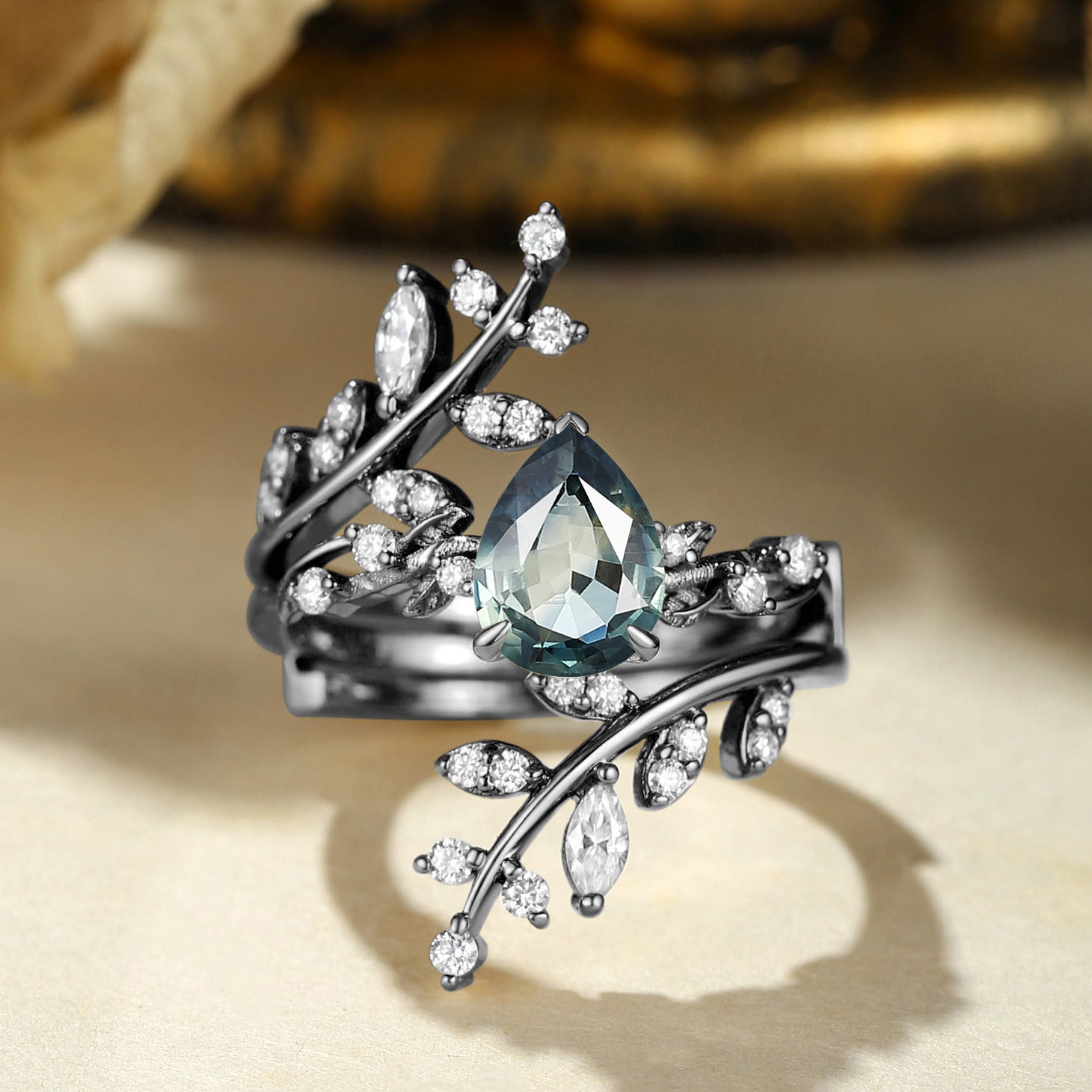 Elaine - Pear Cut Blue Green Sapphire Enhancer Bridal Set 2pcs