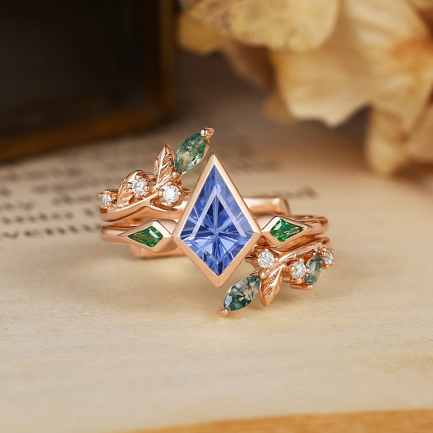 Sylvia - Firework Kite Cut Cornflower Blue Sapphire & Leaf Moss Agate Bridal Sets 2pcs