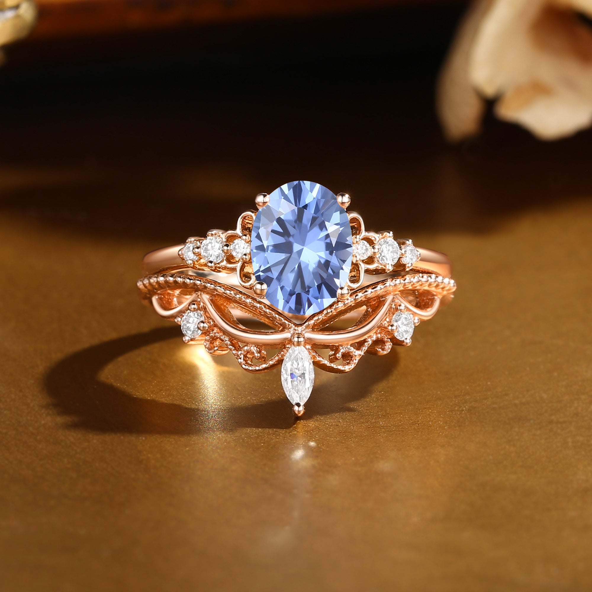 Oval Cut Cornflower Blue Sapphire Vintage Princesscore Bridal Set 2pcs - Swan Princess