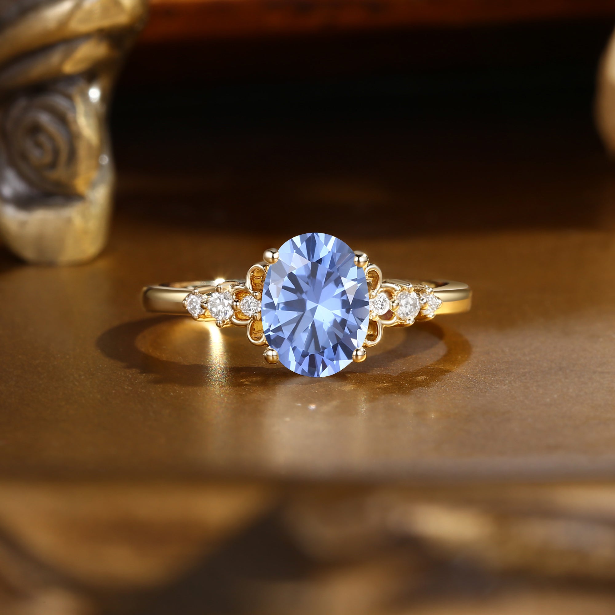 Oval Cut Cornflower Blue Sapphire Vintage Relief Engagement Ring - Swan Princess