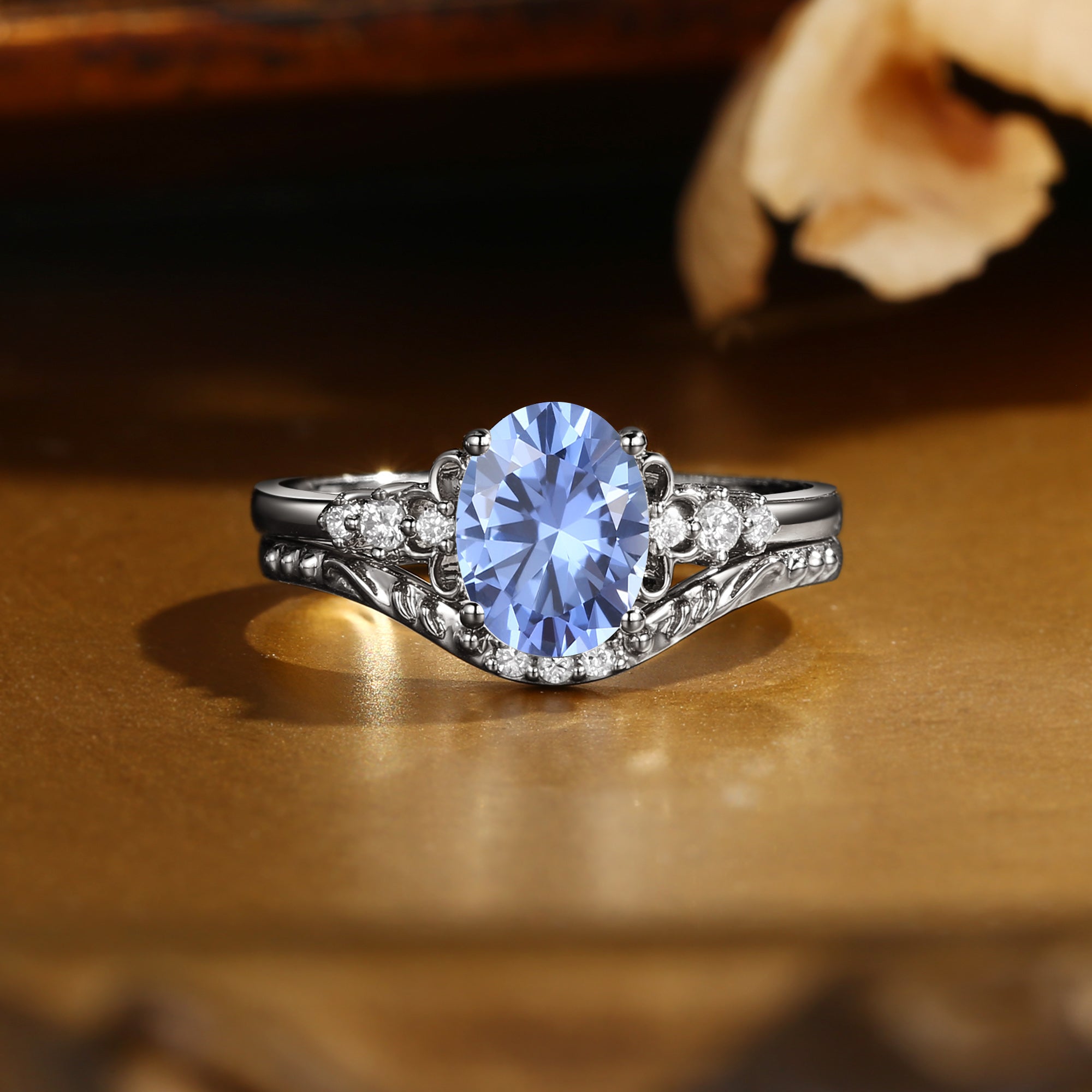 Oval Cut Cornflower Blue Sapphire Vintage Relief Bridal Set 2pcs - Swan Princess