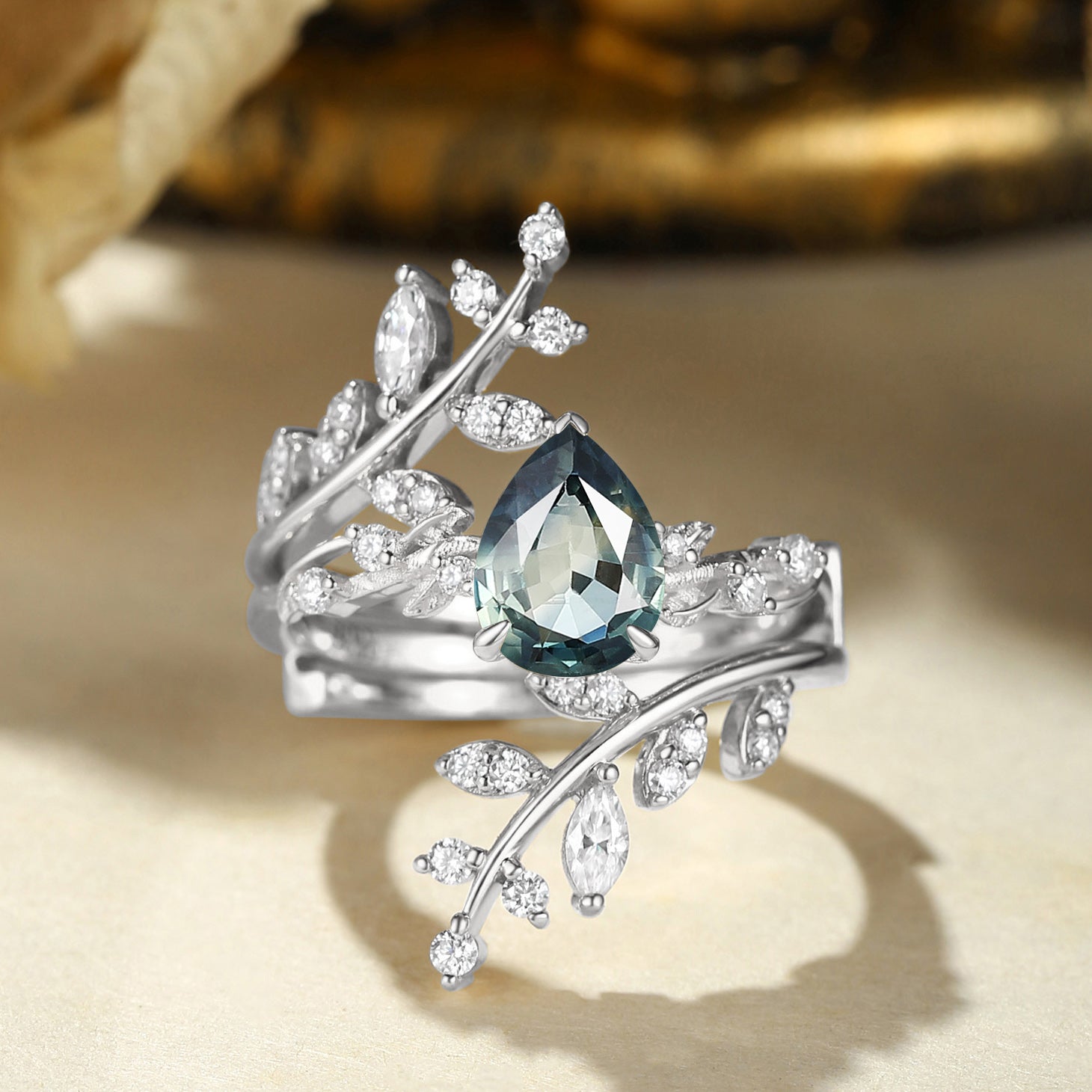 Elaine - Pear Cut Blue Green Sapphire Enhancer Bridal Set 2pcs