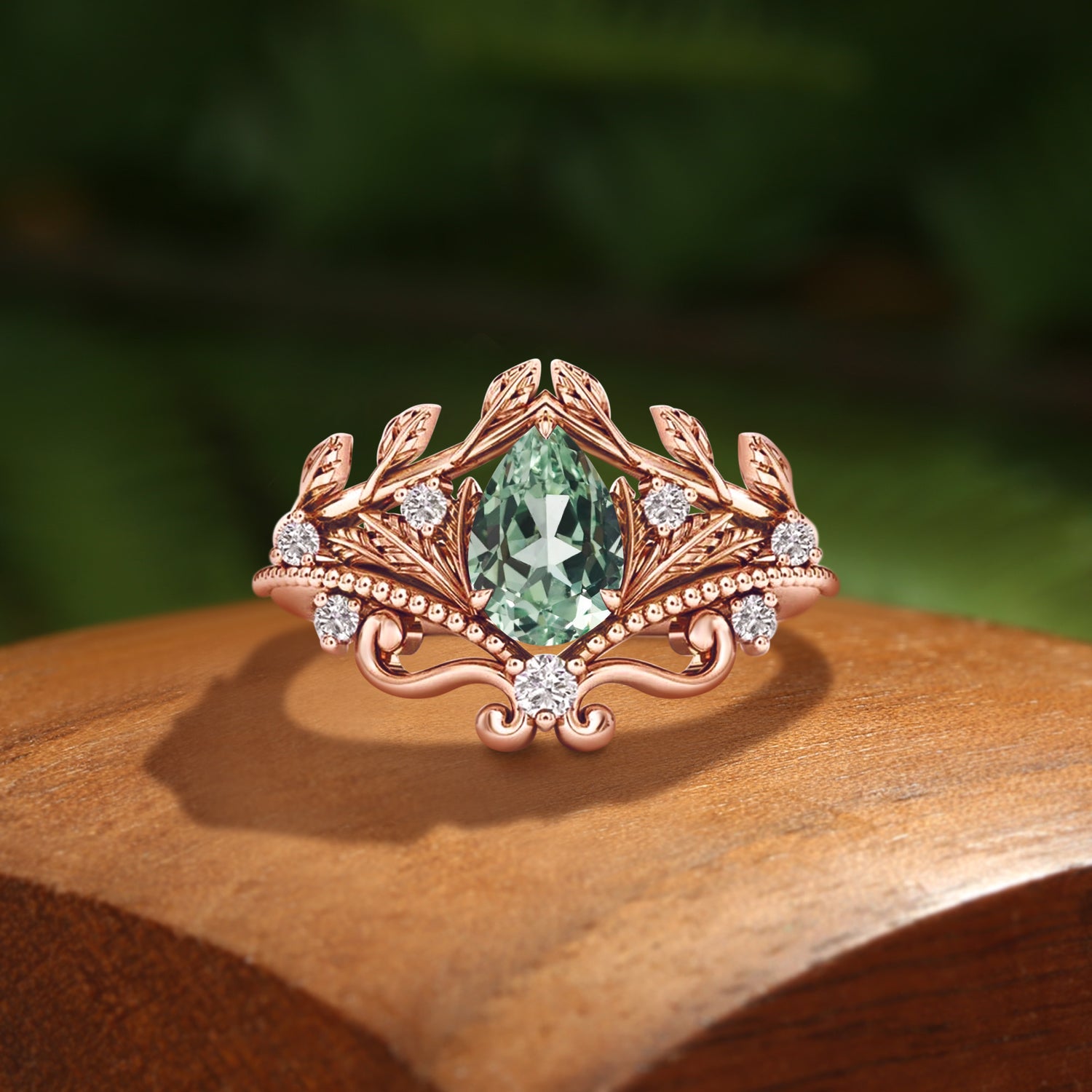 Queeneth - Pear Cut Green Sapphire Nature Extravaganza Bridal Set 2pcs