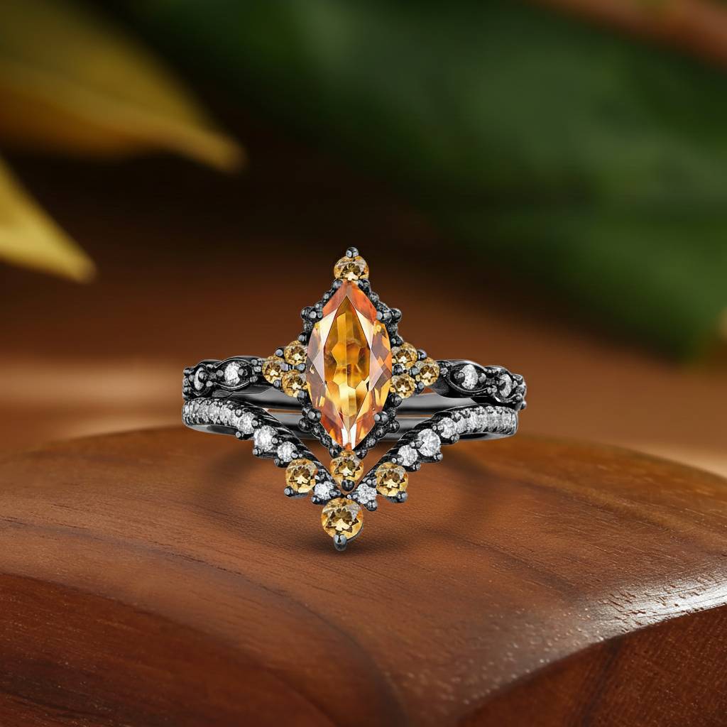Yuzu - Flower Vintage Inspired Marquise Citrine  Engagement Ring Set 2pcs