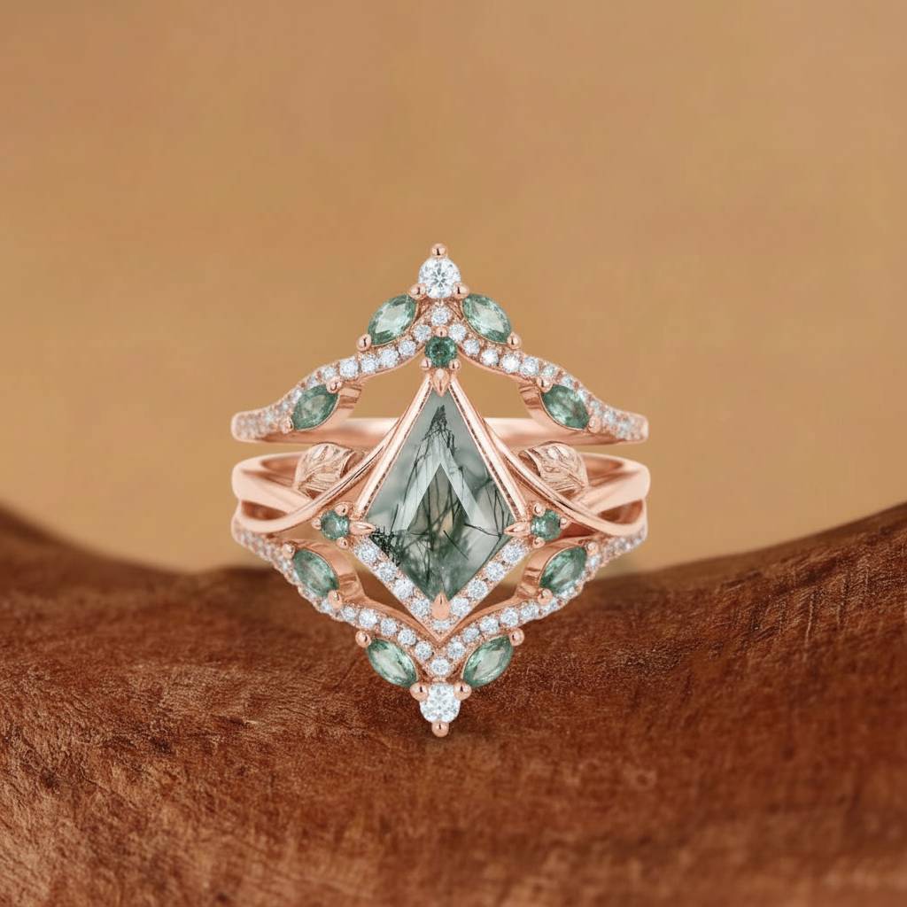 Kismet - Unique Bazel Moss Agate Kite Cut Vintage nature inspired Enhancer Bridal Set 2pcs