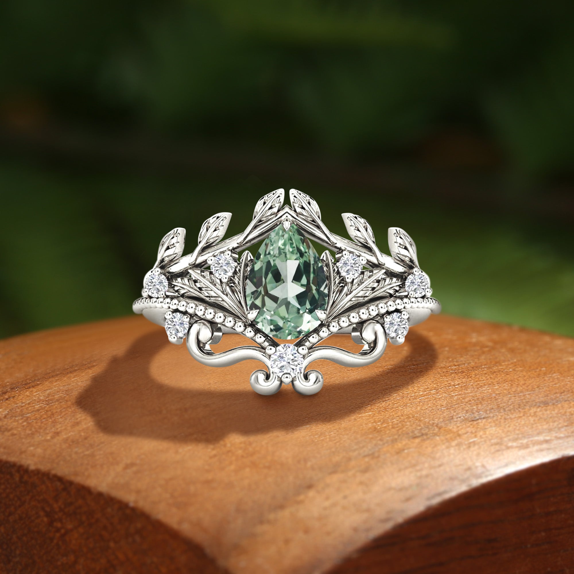Queeneth - Pear Cut Green Sapphire Nature Extravaganza Bridal Set 2pcs