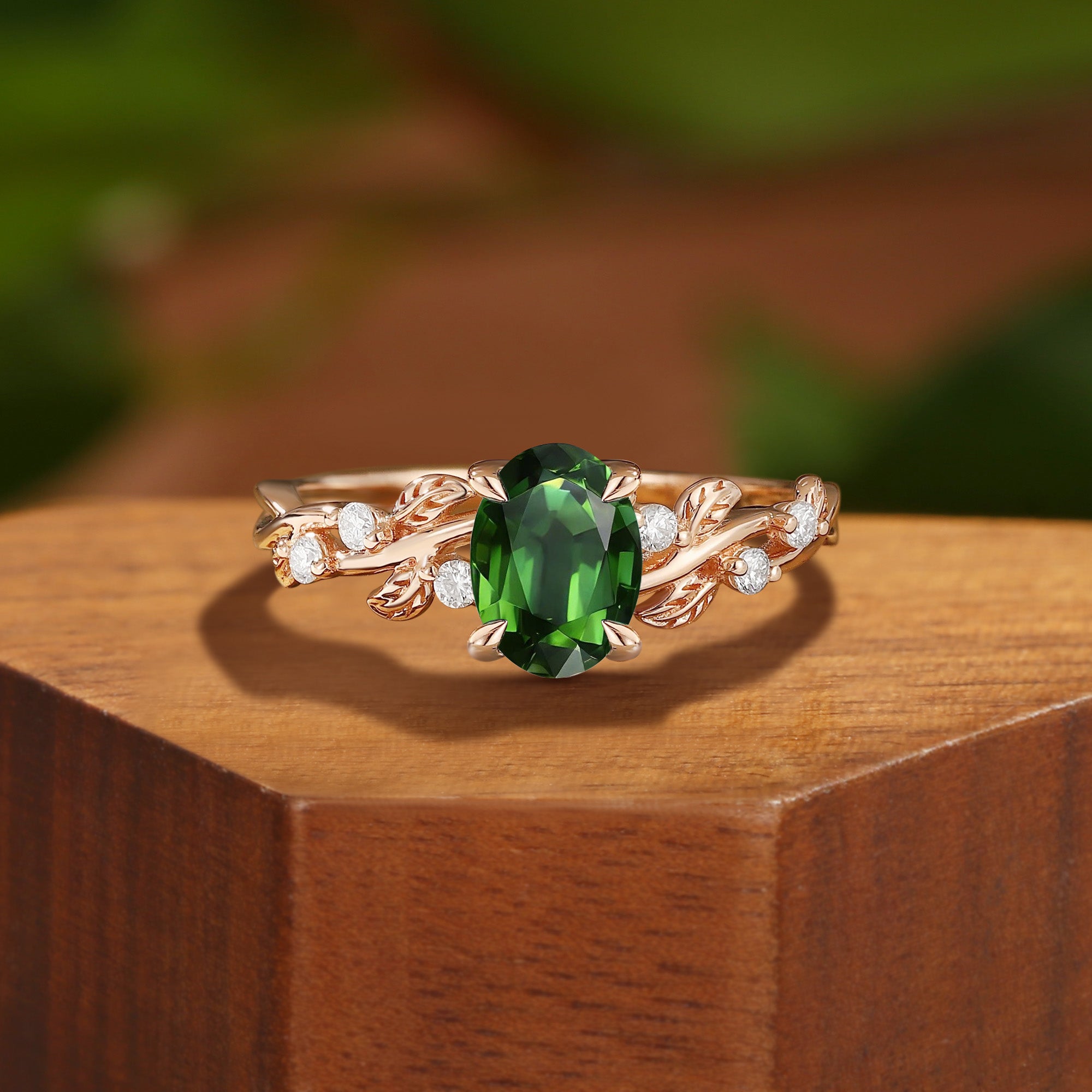 Oval Cut Green Tourmaline Gold Nature Leaf Engagement Ring - Clarissa