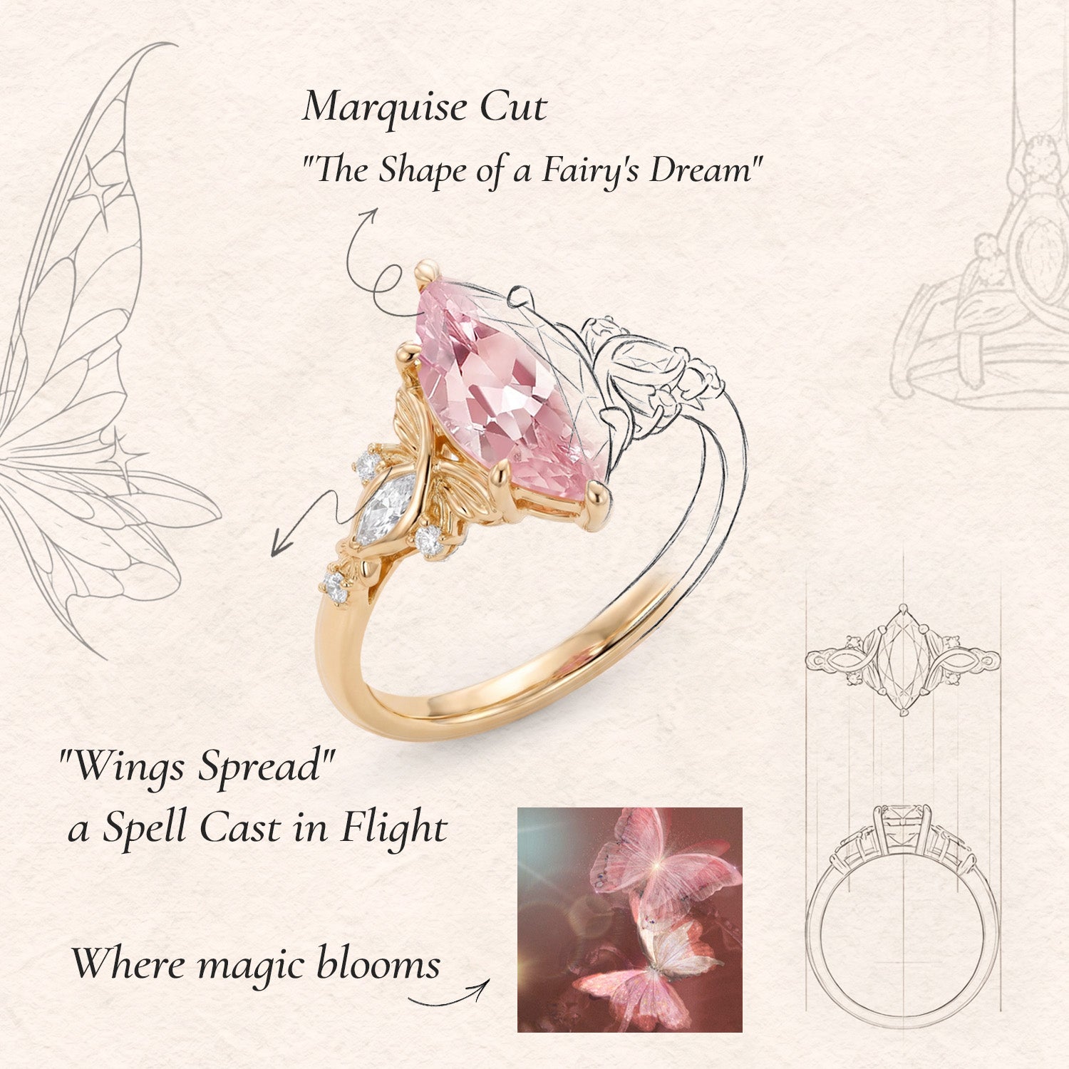 Forest Fairy Marquise Cut Pink Sapphire Leafy Engagement Ring - Letitia
