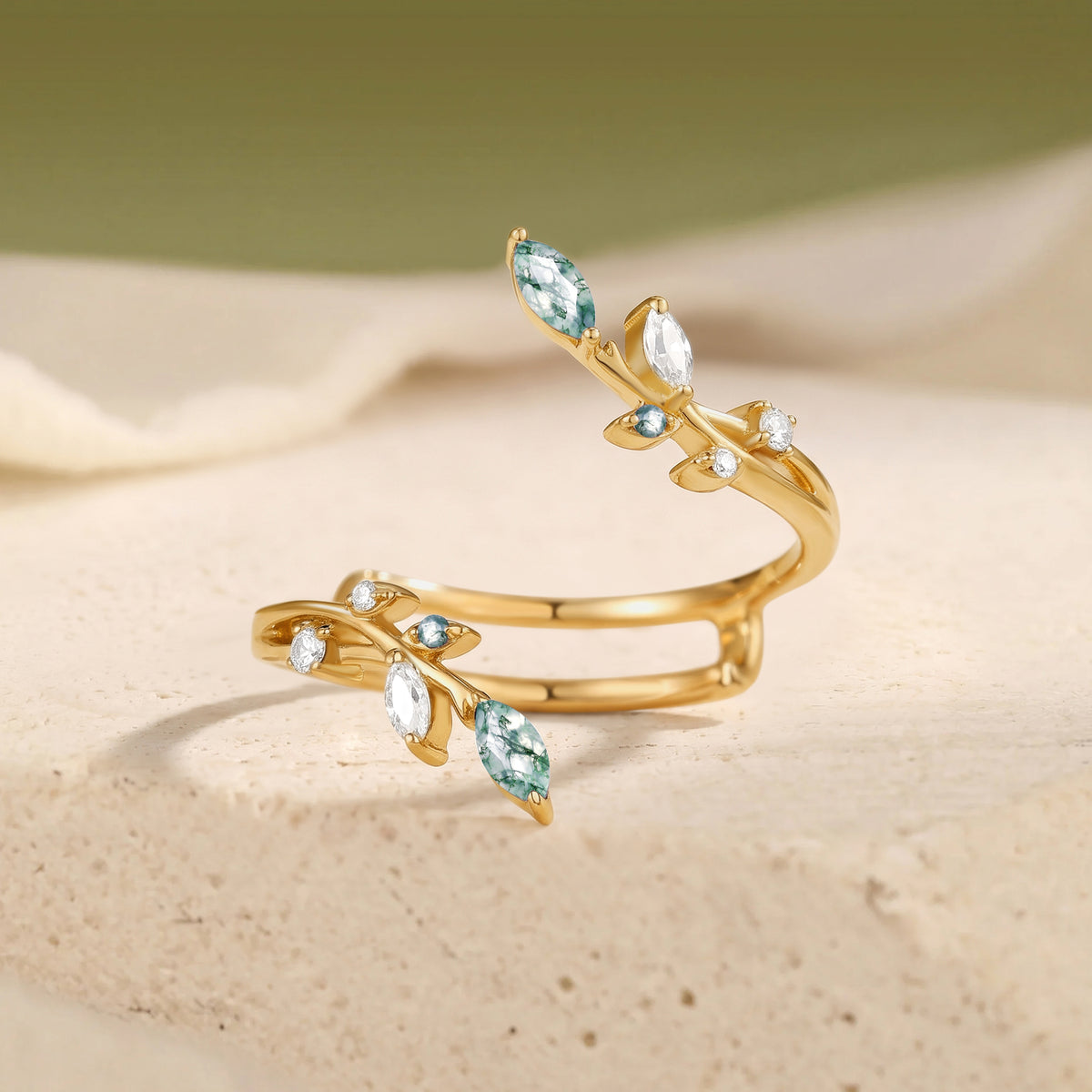 Artisan Leaf Inspired Moss Agate Wedding Band