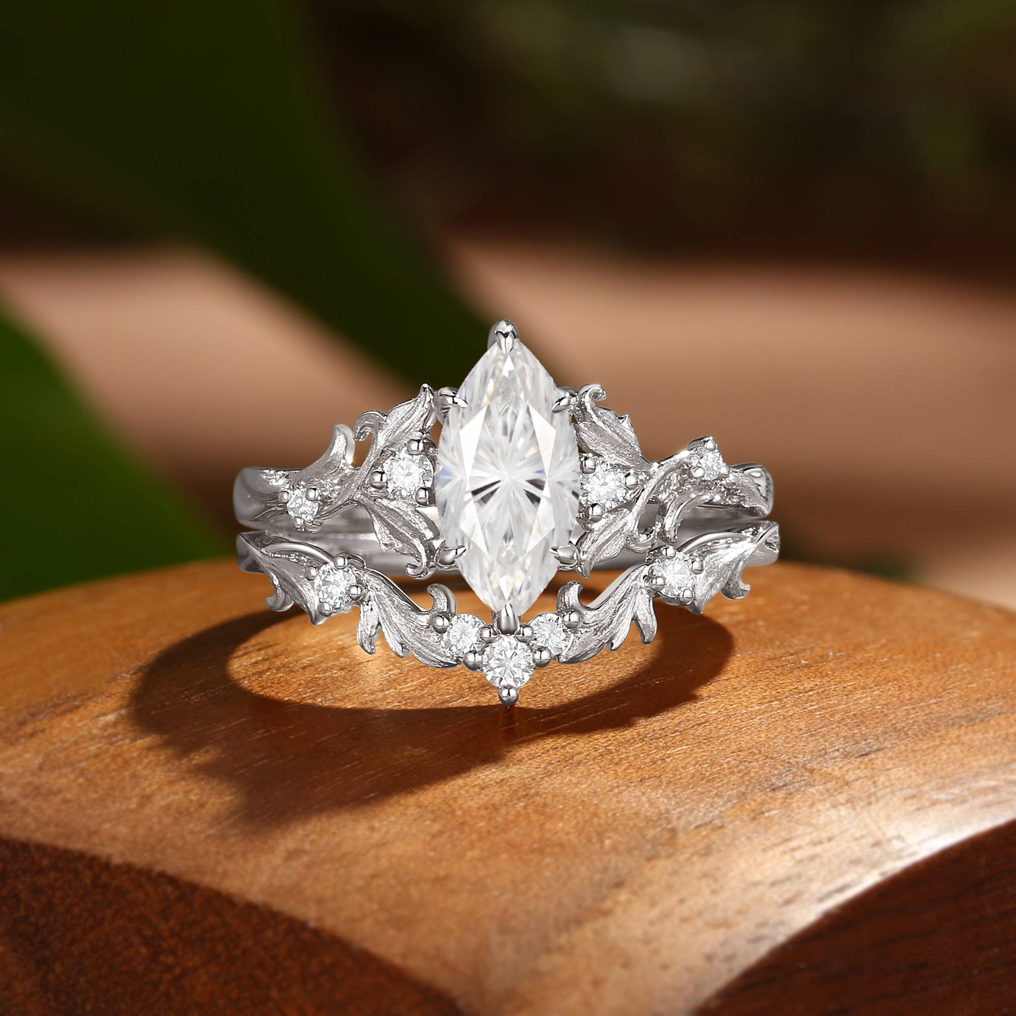 Rosa - Firework Marquise Cut Moissanite Acanthus Inspired Art Deco Bridal Set 2pcs