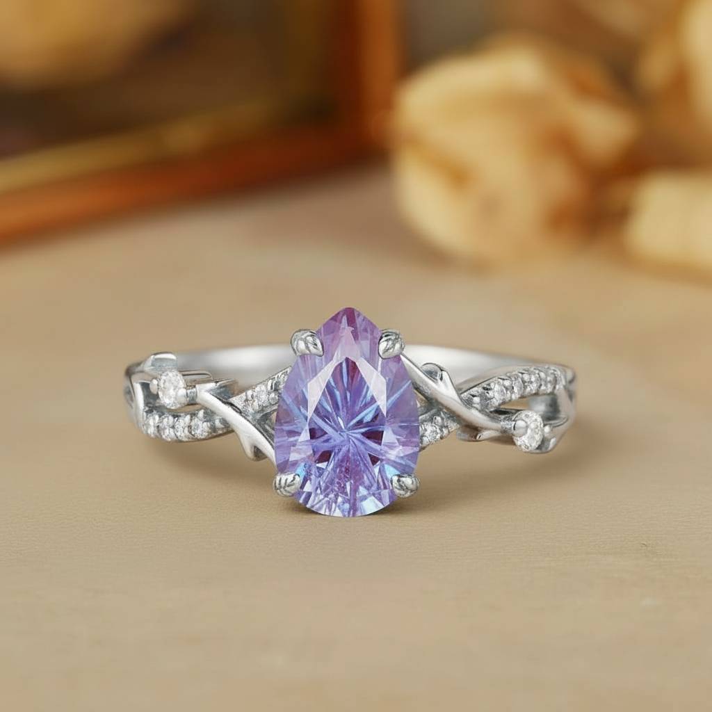Liana - Twist Leaf Nature Inspired Pear Firework Cut Alexandrite Engagement Ring