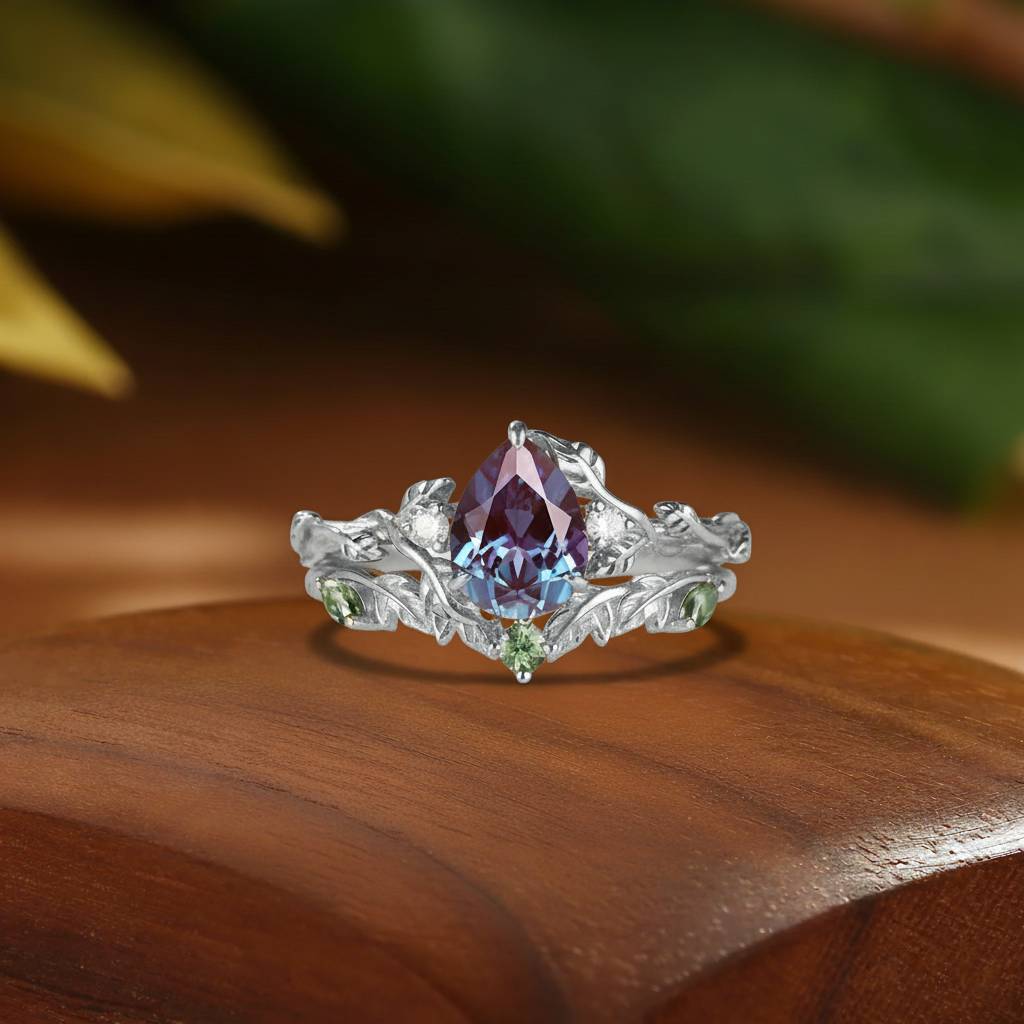 Sage - Vintage Pear Cut Alexandrite Leaf Floral Engagement Ring Set 2pcs