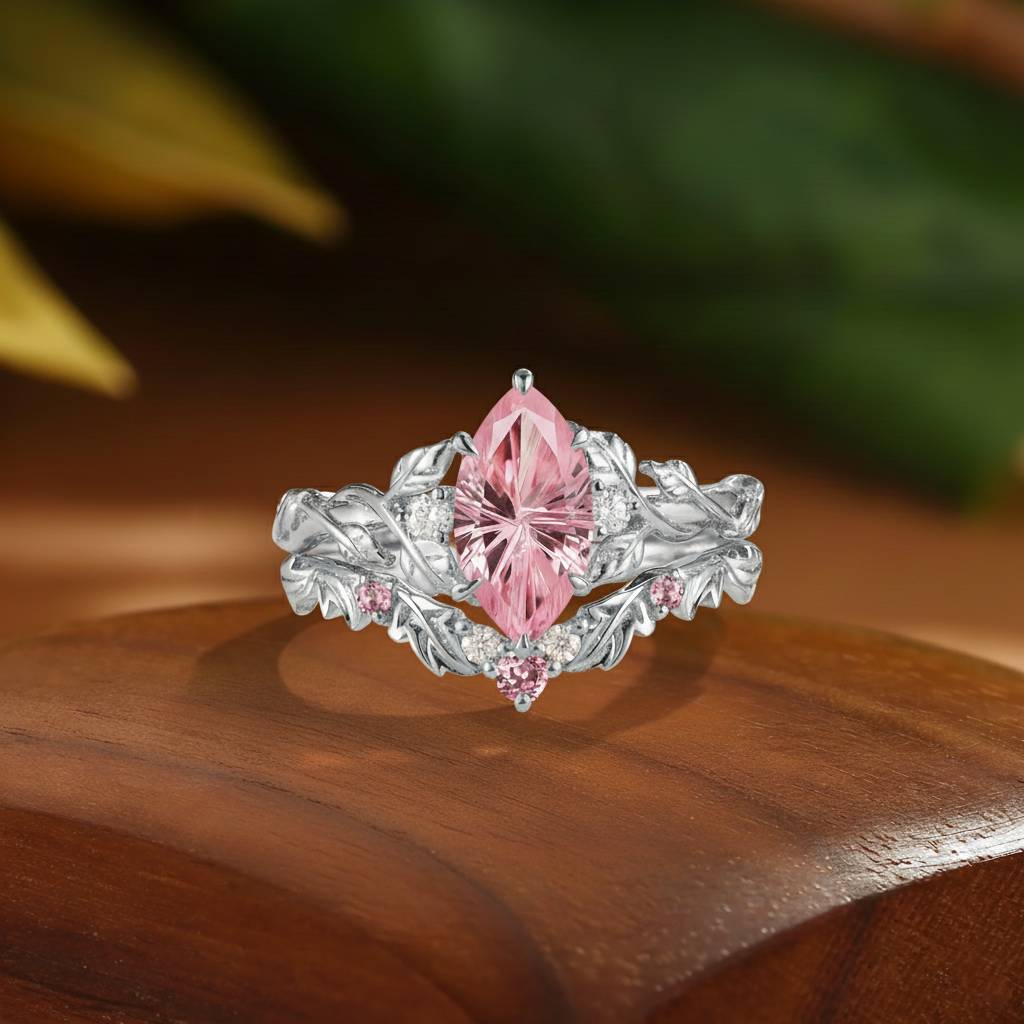 Eden - Vintage Firework Pink Sapphire Marquise Cut Engagement Ring Set