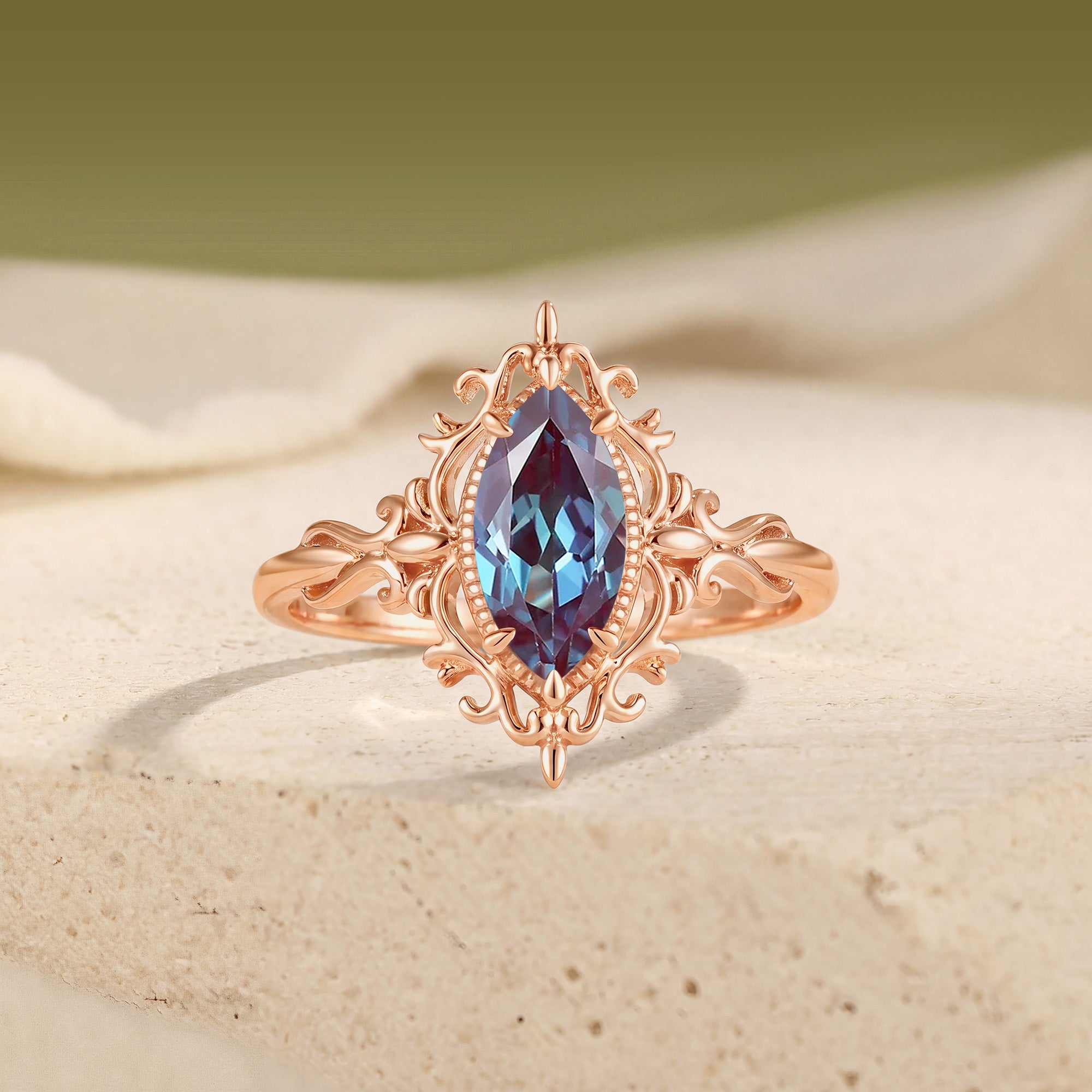 Vintage Filigree Marquise Cut Alexandrite Engagement Ring - Duchessa