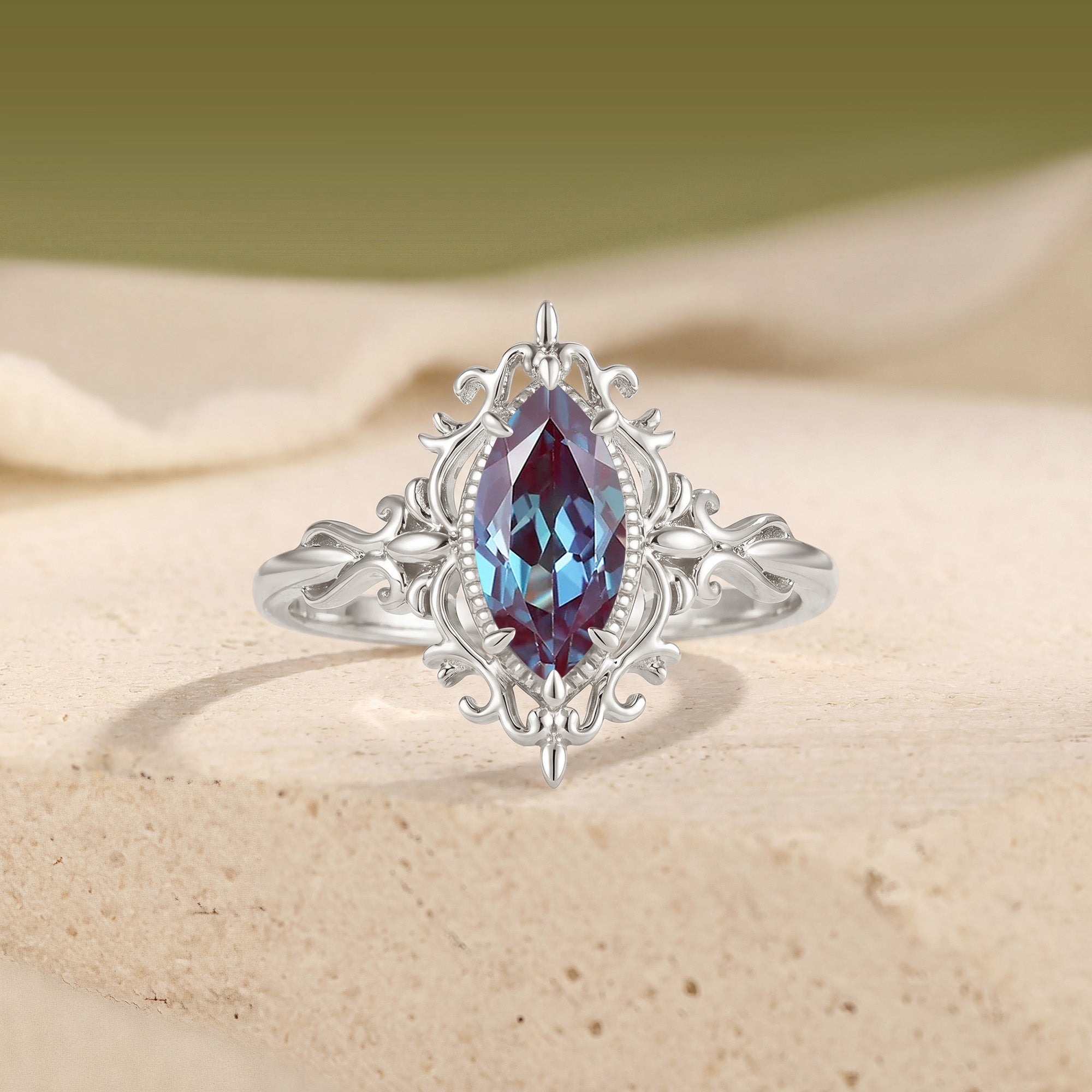 Vintage Filigree Marquise Cut Alexandrite Engagement Ring - Duchessa