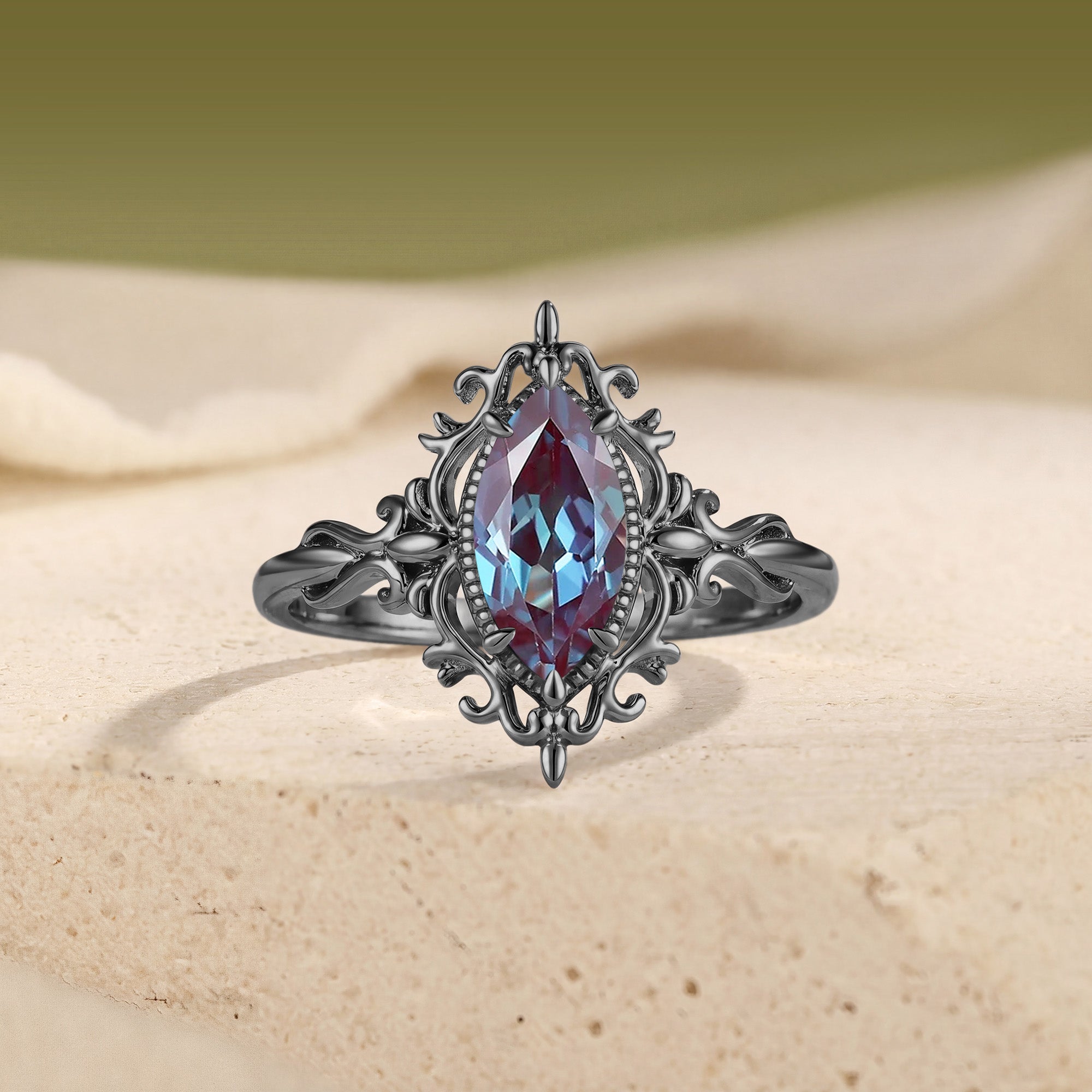 Vintage Filigree Marquise Cut Alexandrite Engagement Ring - Duchessa