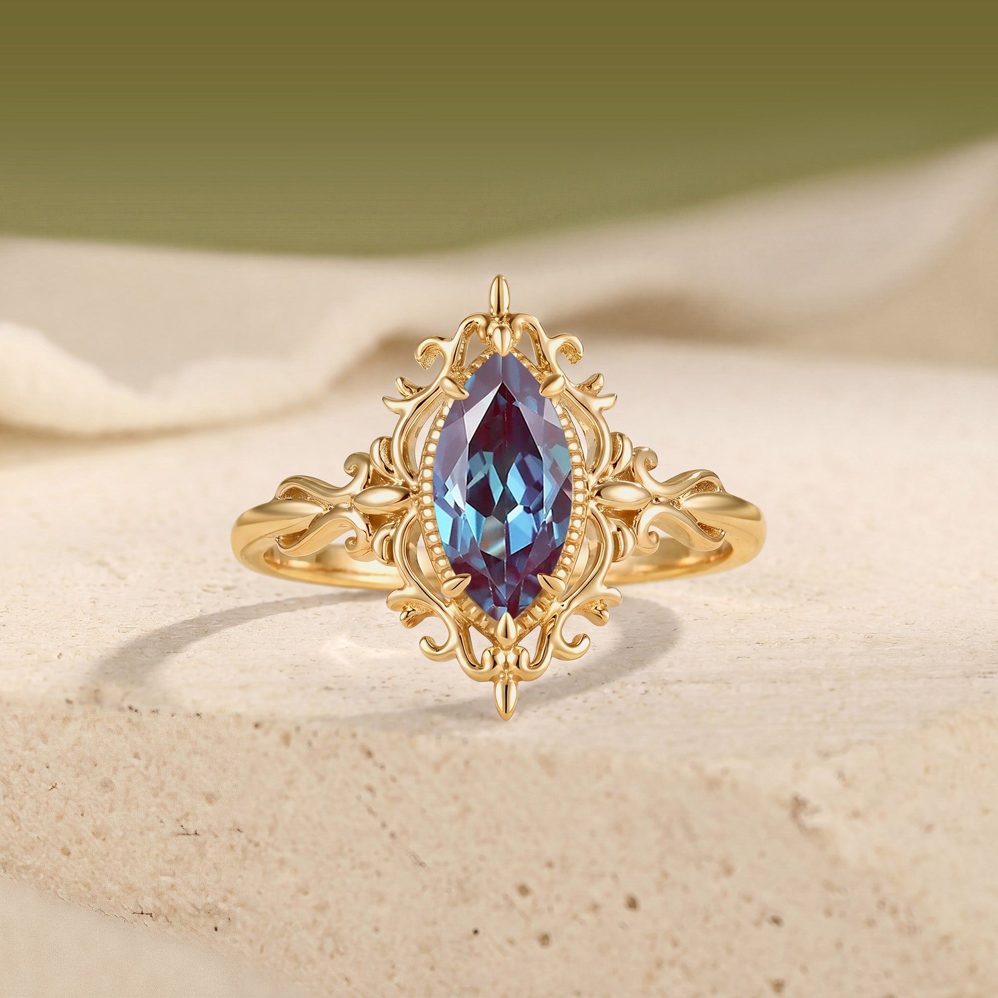 Vintage Filigree Marquise Cut Alexandrite Engagement Ring - Duchessa