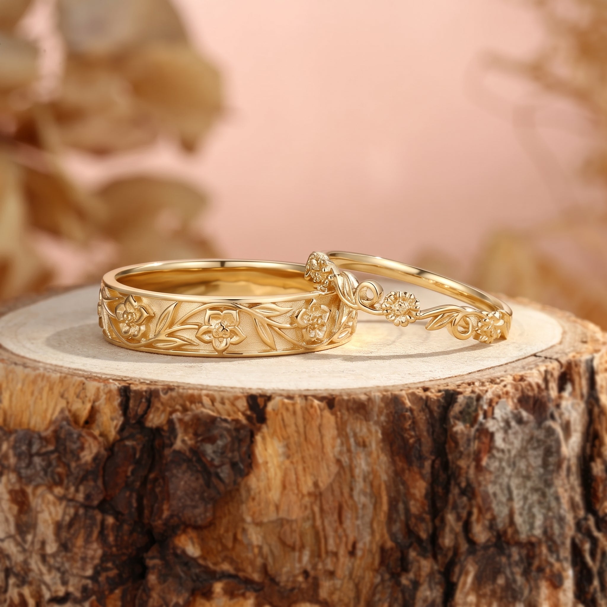 Vintage Flower Engraved Leafy Inspired Promise Anniversary Couple Rings - Frances