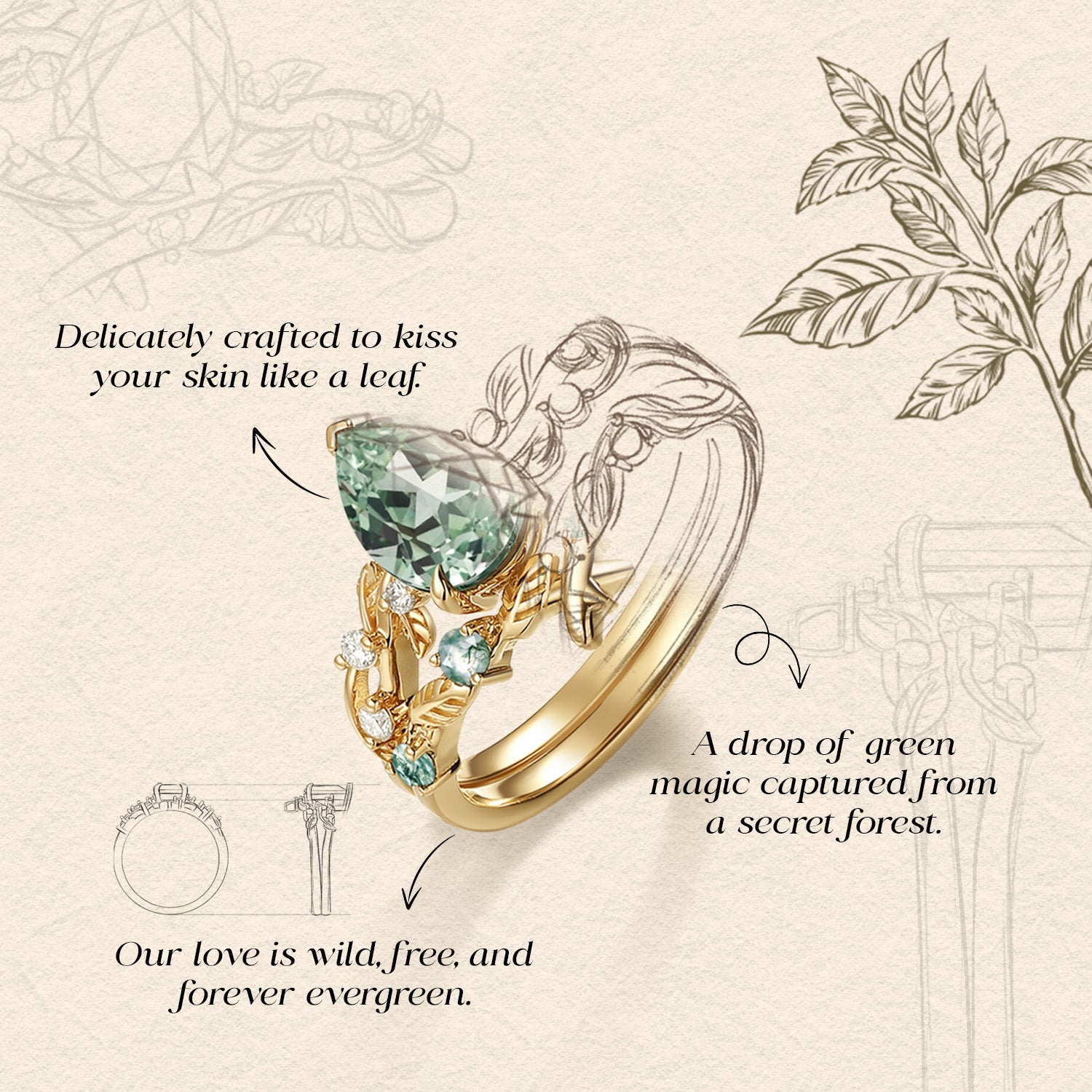 Clarissa - Pear Cut Lab Green Sapphire Leafy Bridal Set 2pcs