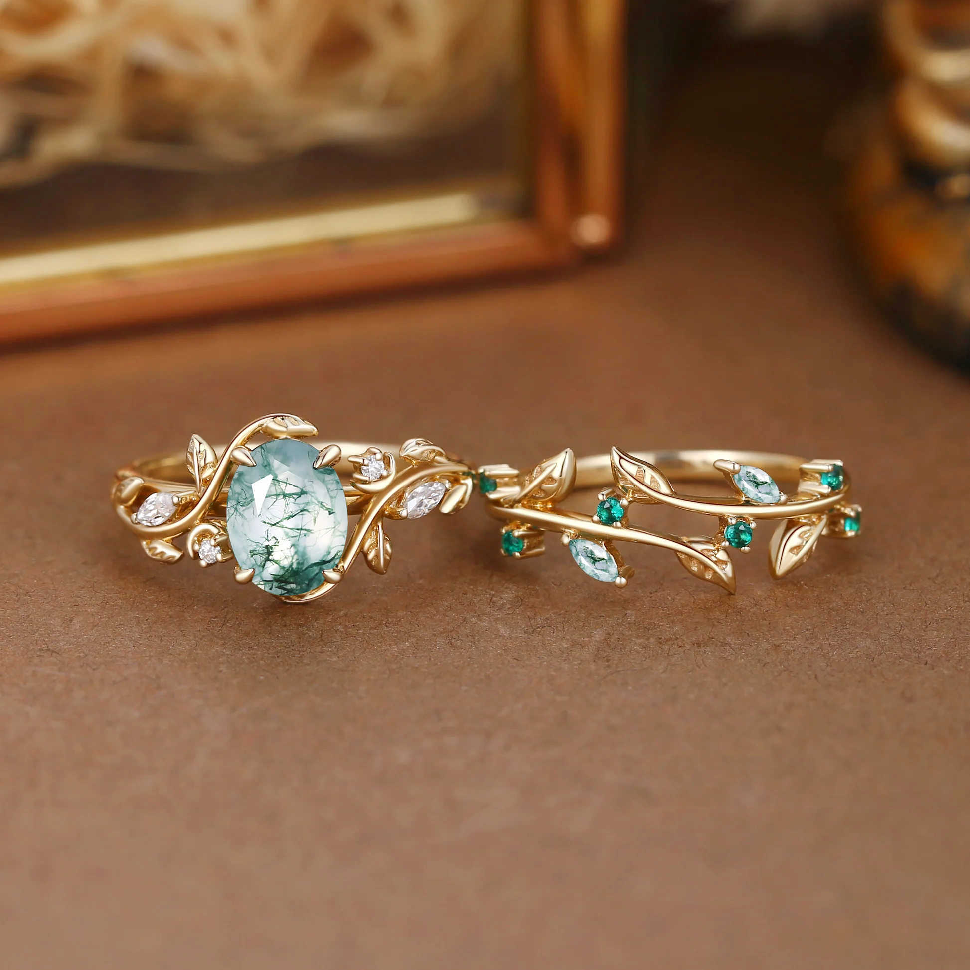 Désirée - Oval Cut Moss Agate Branch Leafy Engagement Ring Set 2pcs