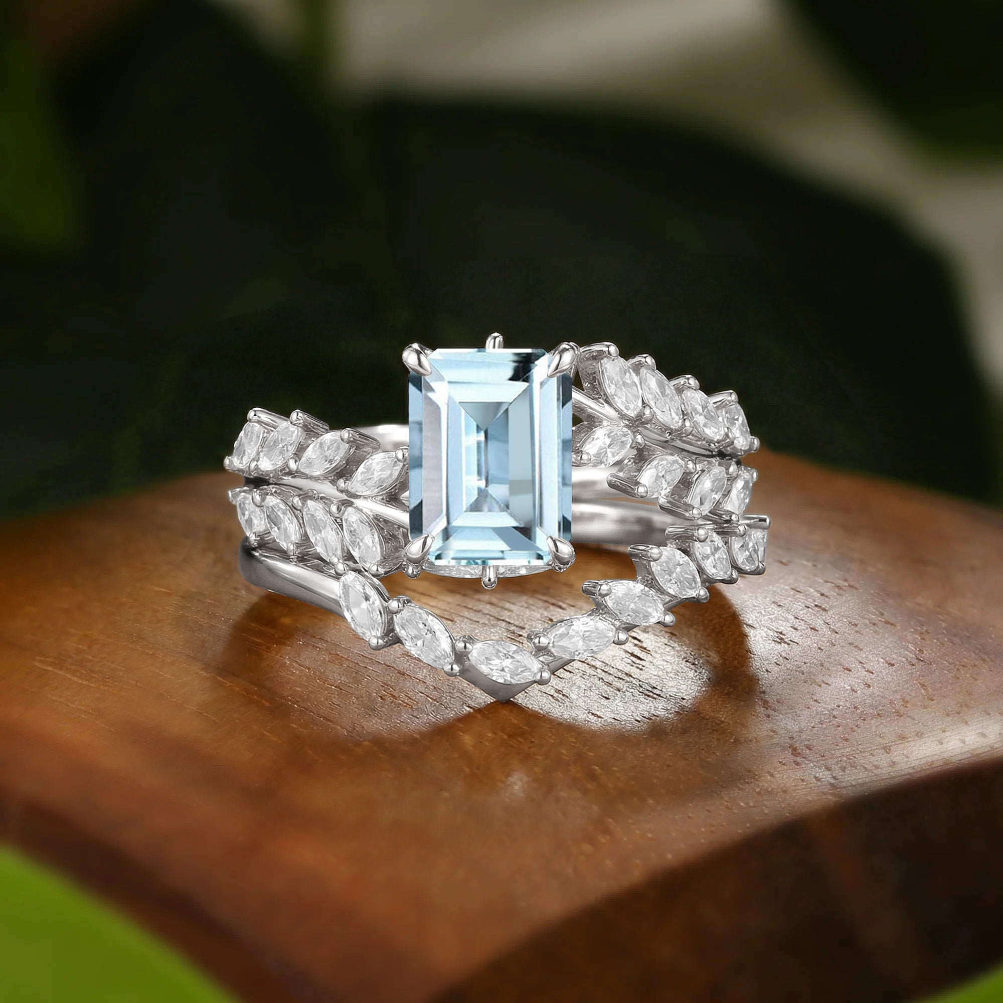 Nature Inspired Emerald Cut Auqamarine Leafy Branch Bridal Set 2pcs - Eleanor