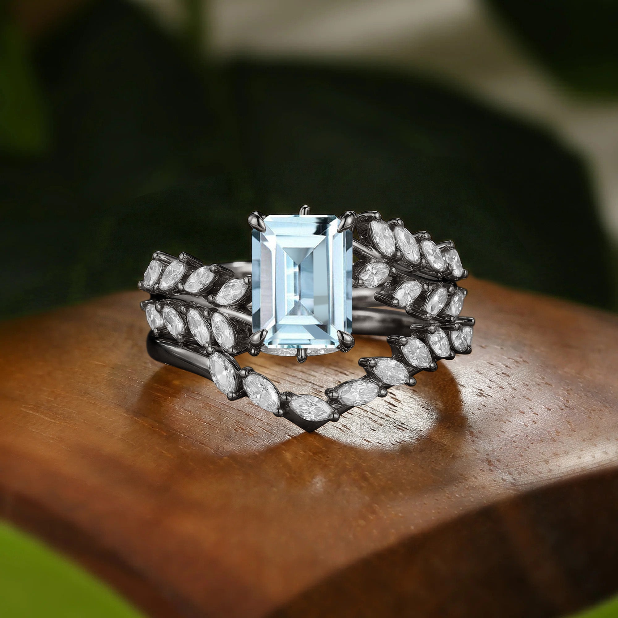 Nature Inspired Emerald Cut Auqamarine Leafy Branch Bridal Set 2pcs - Eleanor