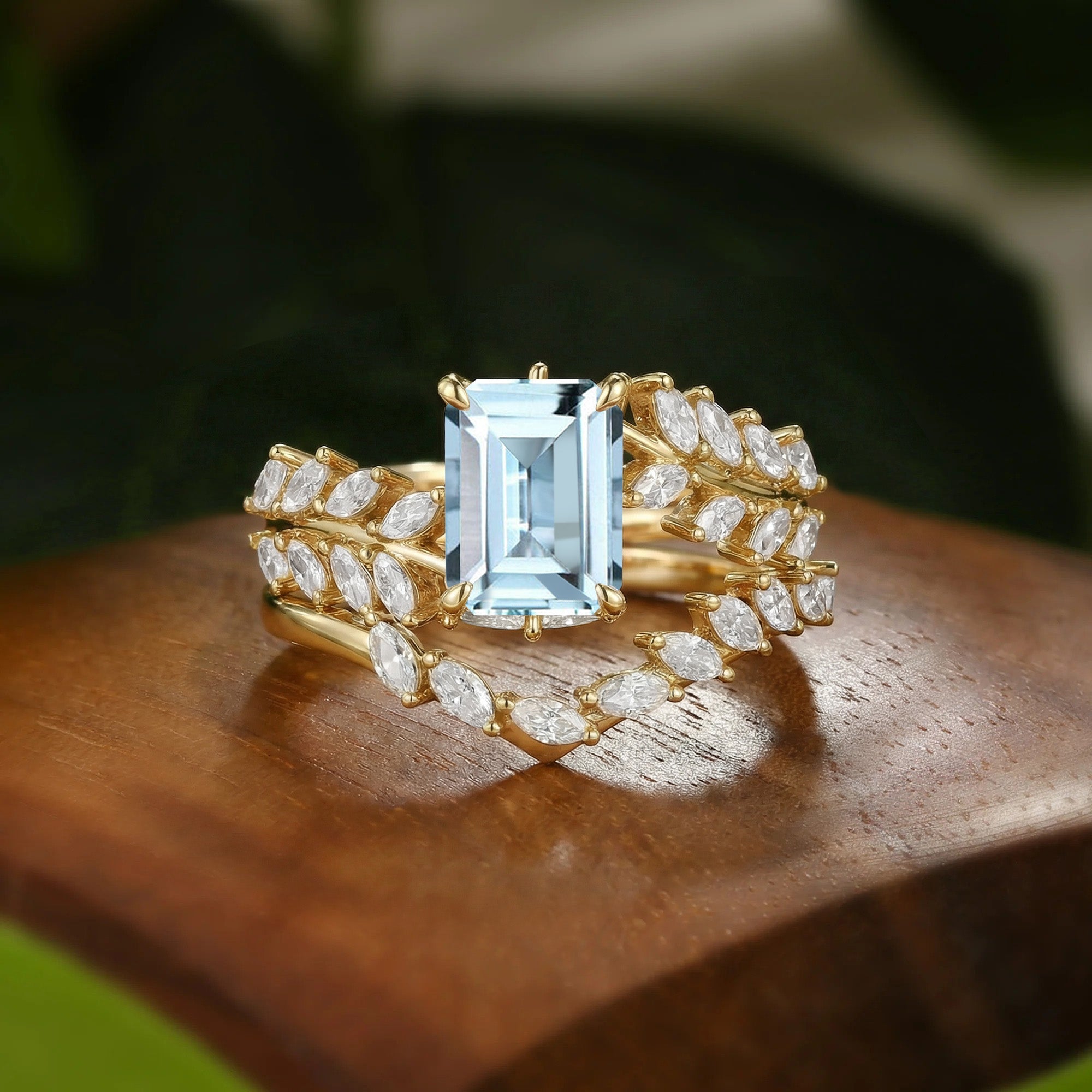 Nature Inspired Emerald Cut Auqamarine Leafy Branch Bridal Set 2pcs - Eleanor