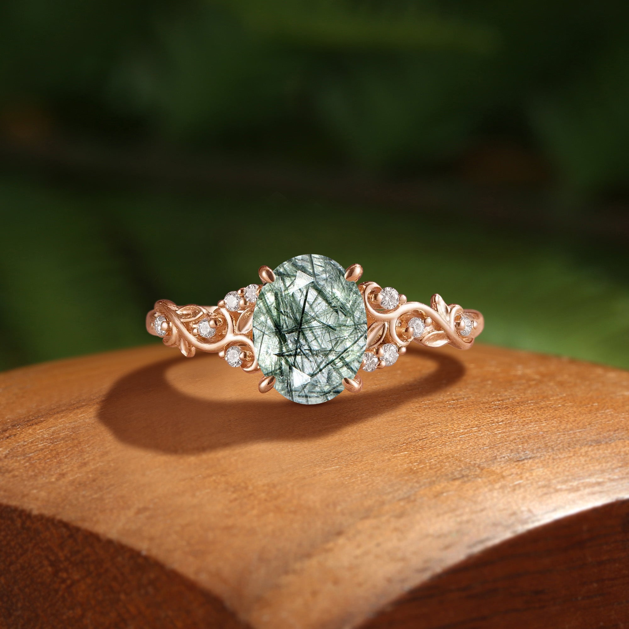 Forest Fairy Oval Cut Green Rutilated Quartz Victorian Filigree Engagement Ring - Breeze