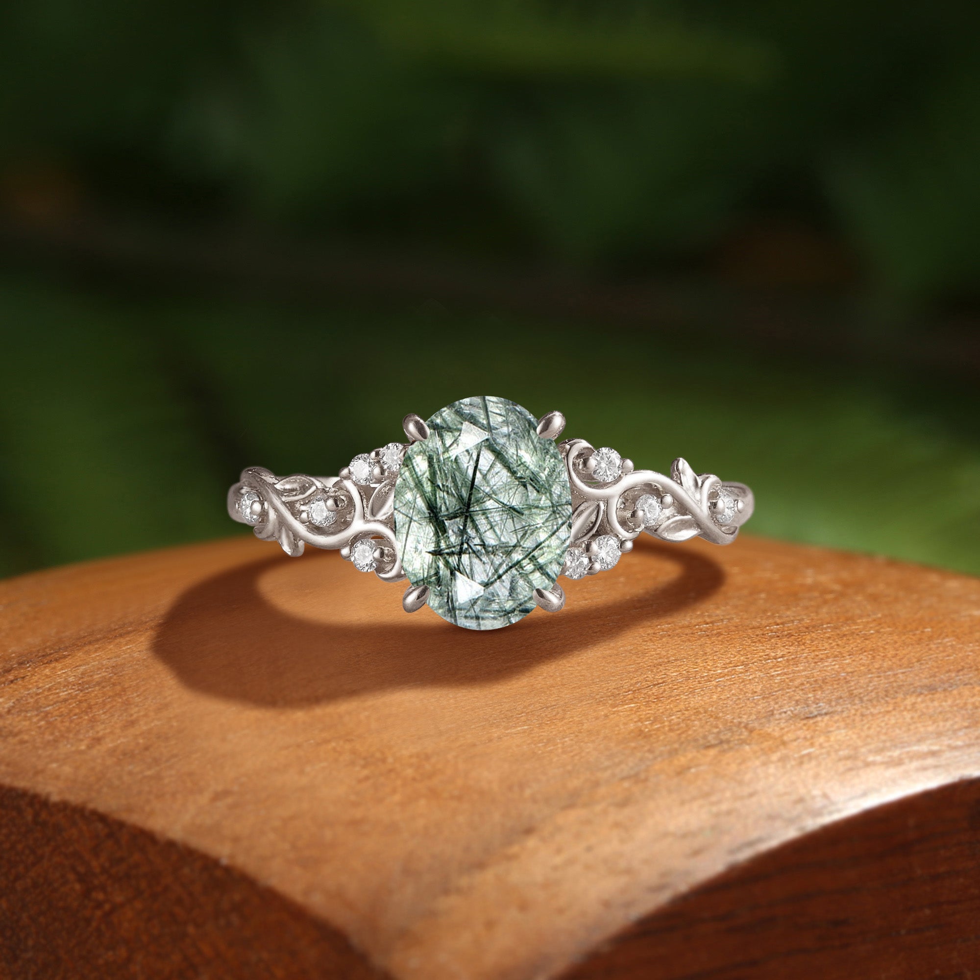 Forest Fairy Oval Cut Green Rutilated Quartz Victorian Filigree Engagement Ring - Breeze
