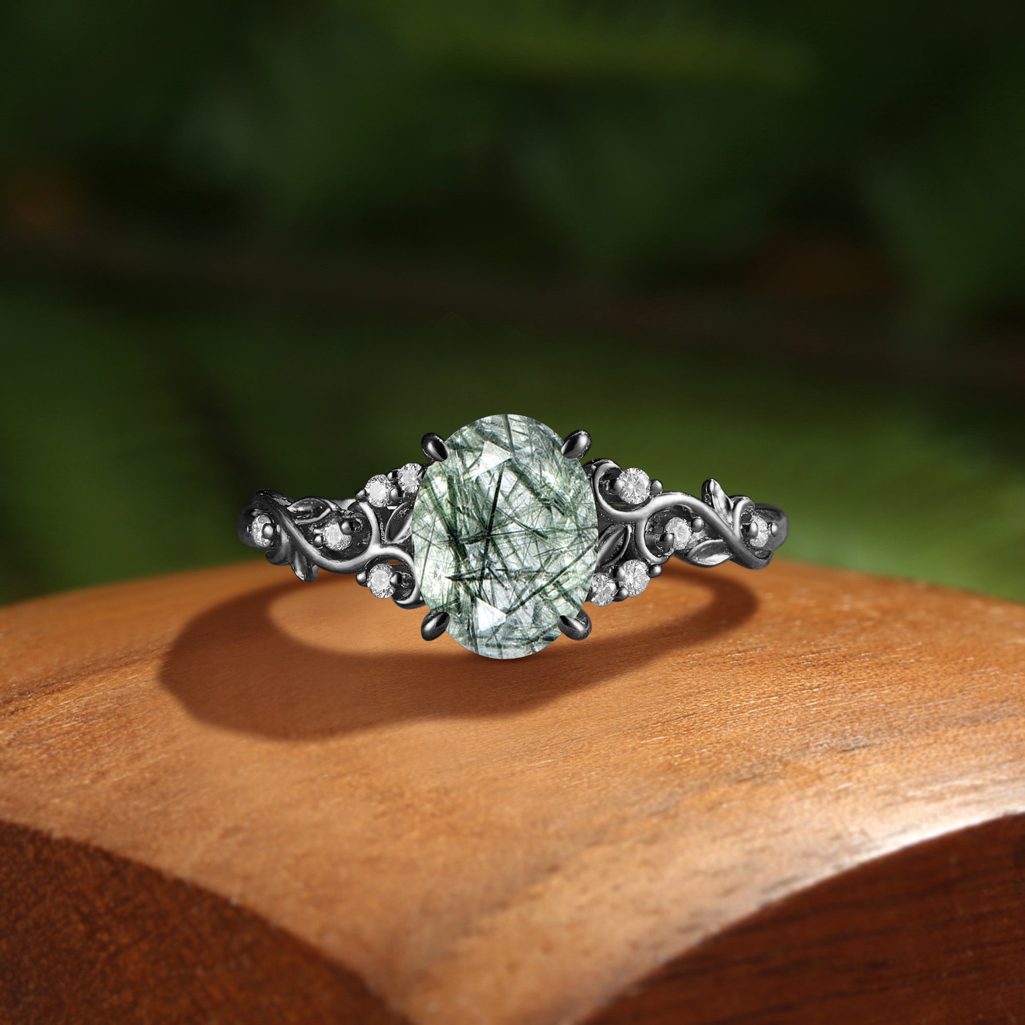 Forest Fairy Oval Cut Green Rutilated Quartz Victorian Filigree Engagement Ring - Breeze