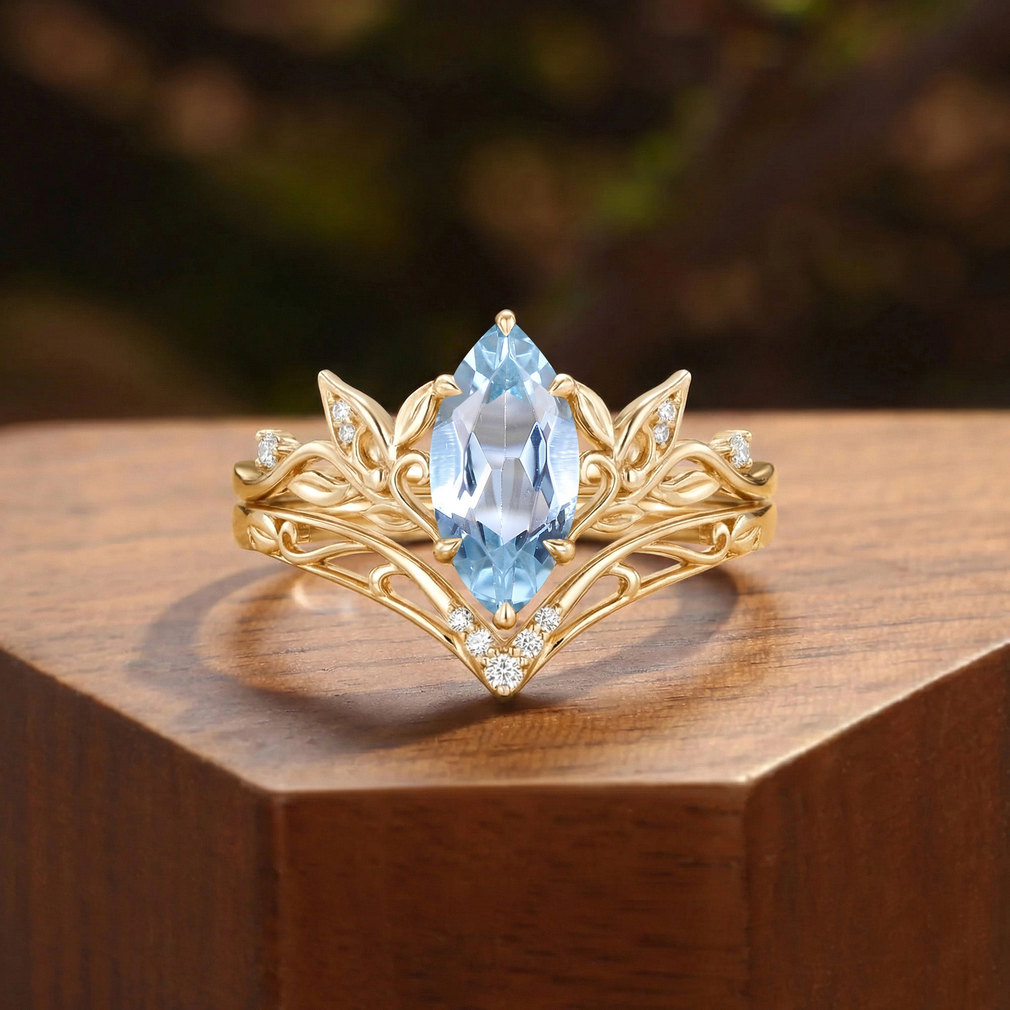 Forest Fairy Marquise Cut Aquamarine Leafy Inspired Bridal Set 2pcs - Liliosa