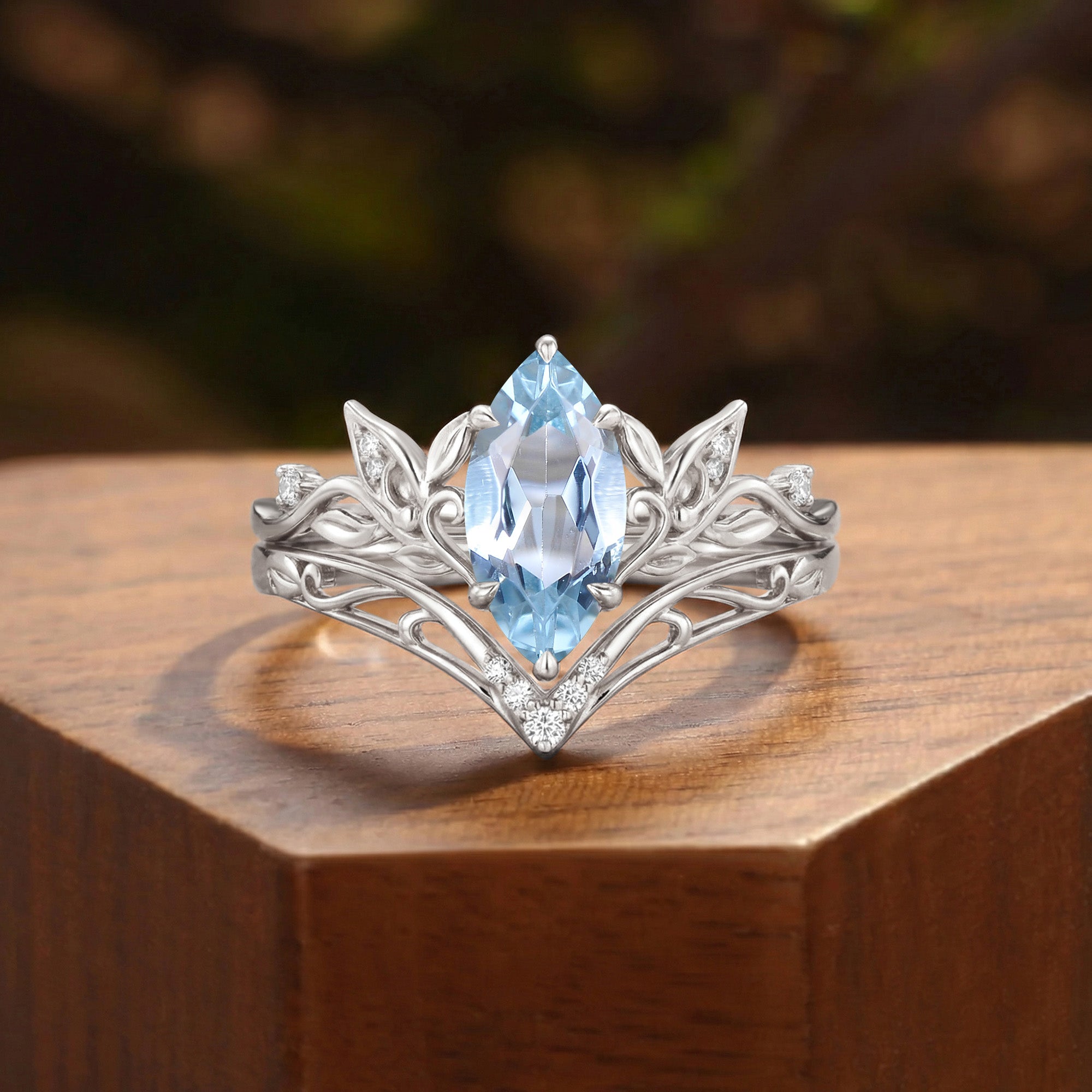 Forest Fairy Marquise Cut Aquamarine Leafy Inspired Bridal Set 2pcs - Liliosa