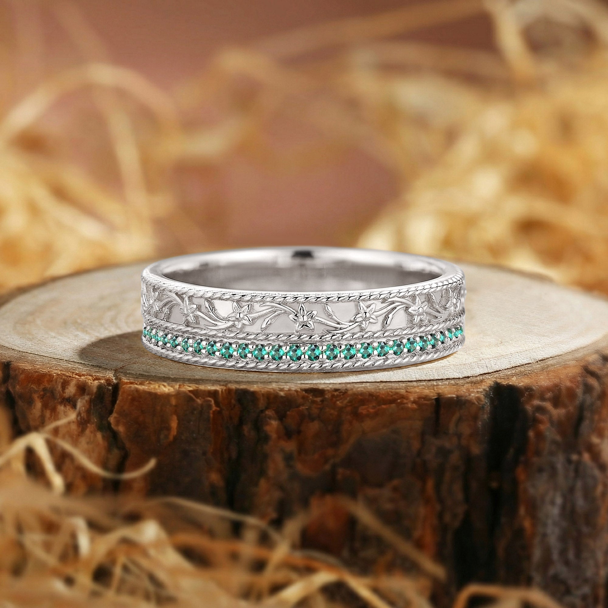 Vintage Floral Filigree Engraved Emerald Men Band - Marigold