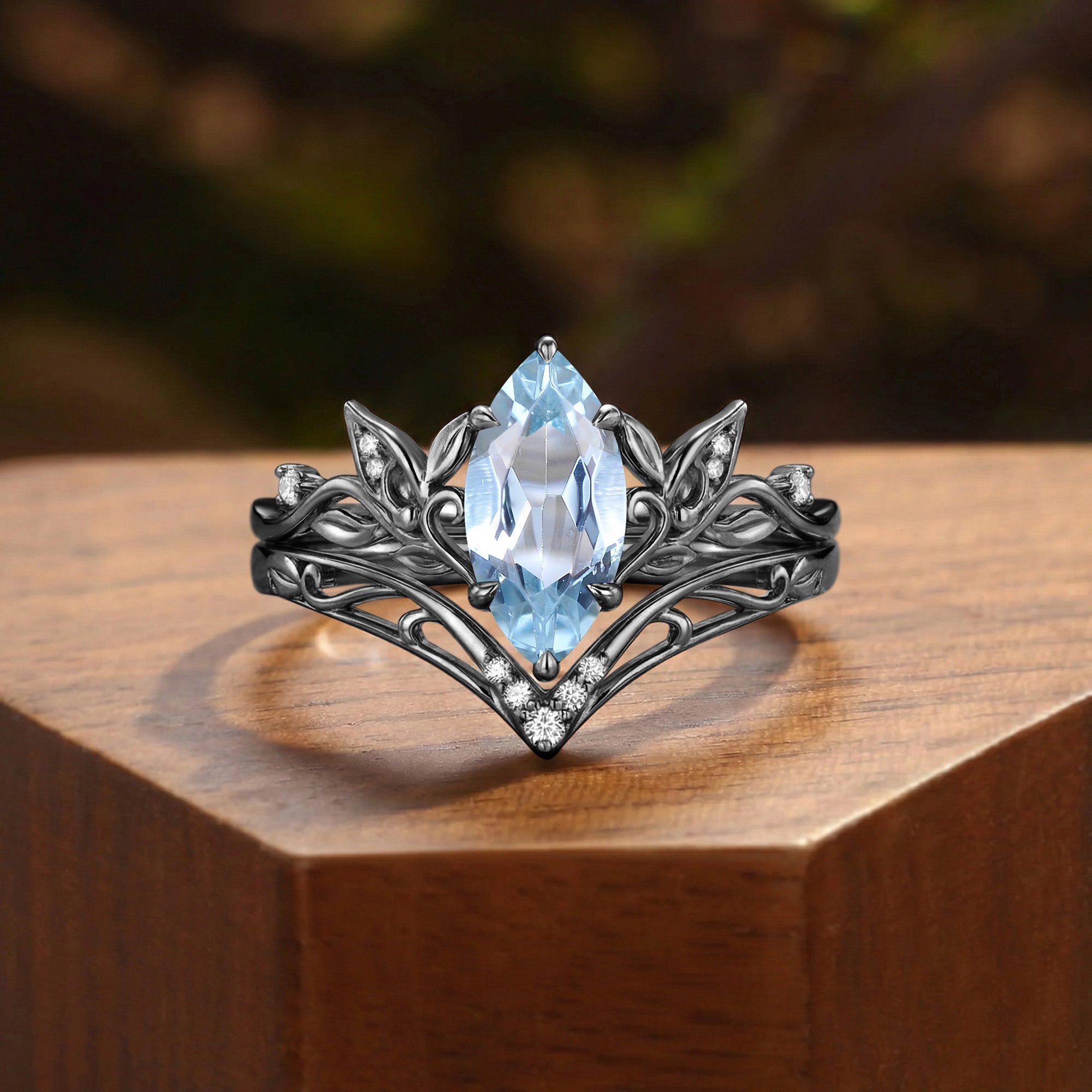 Forest Fairy Marquise Cut Aquamarine Leafy Inspired Bridal Set 2pcs - Liliosa