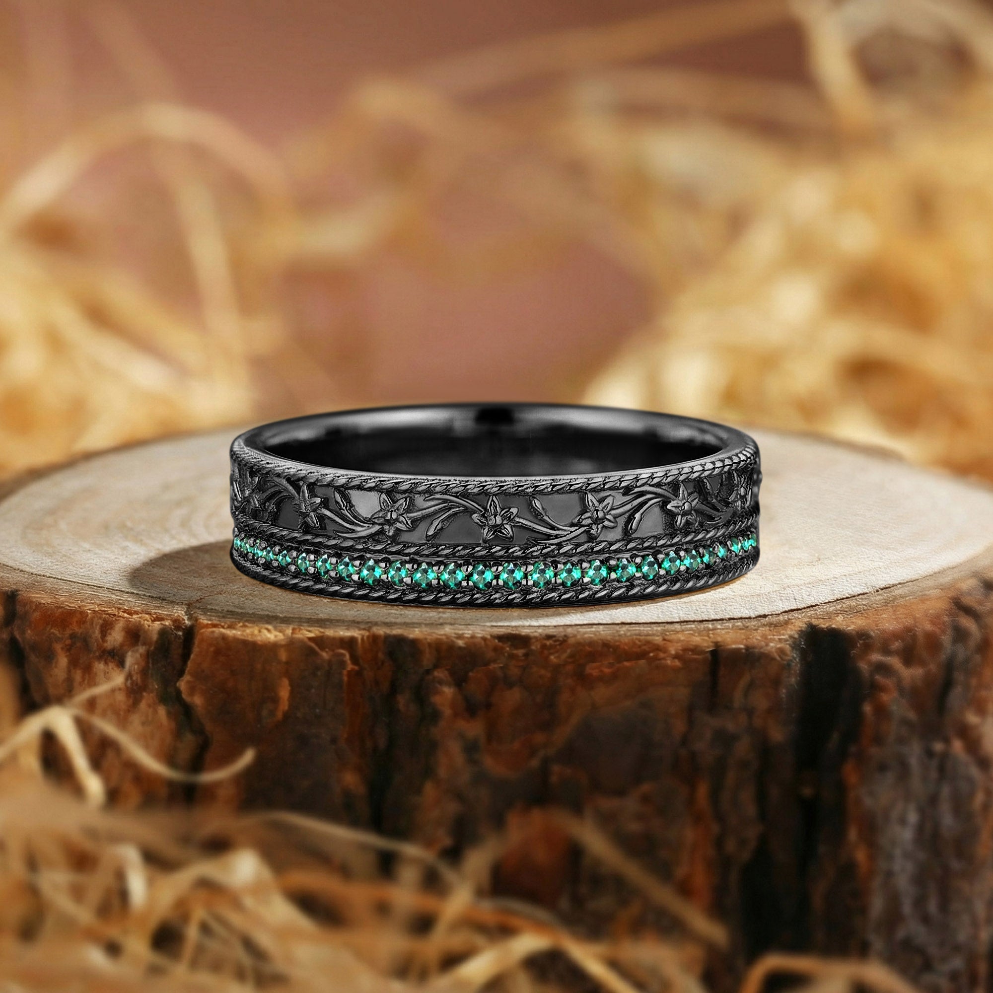 Vintage Floral Filigree Engraved Emerald Men Band - Marigold