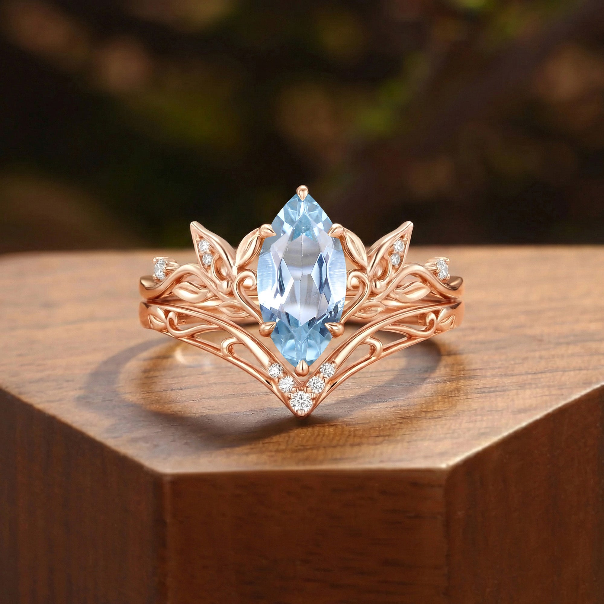 Forest Fairy Marquise Cut Aquamarine Leafy Inspired Bridal Set 2pcs - Liliosa