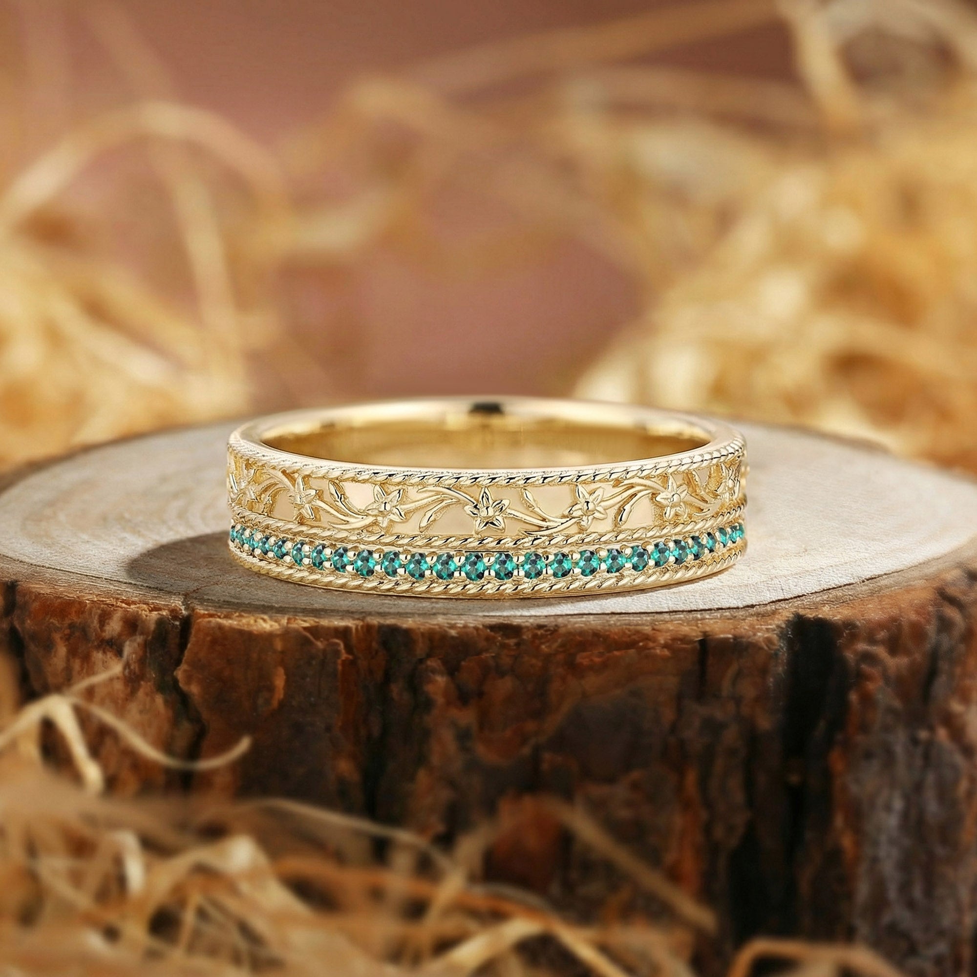 Vintage Floral Filigree Engraved Emerald Men Band - Marigold